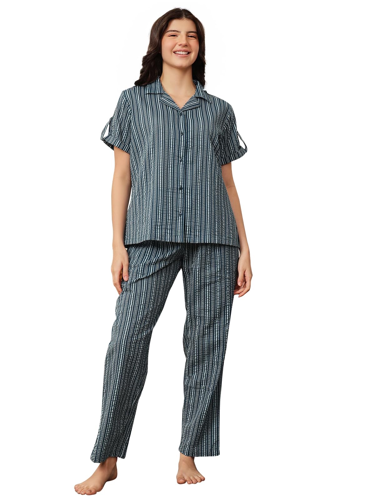 Clovia Women Rayon Blend Sassy Stripes Button Me Up Shirt & Pyjama Set