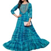 EthnicJunction Women Maxi Georgette Digital Print and Embroidered Flared Anarkali Dress Blue, Medium