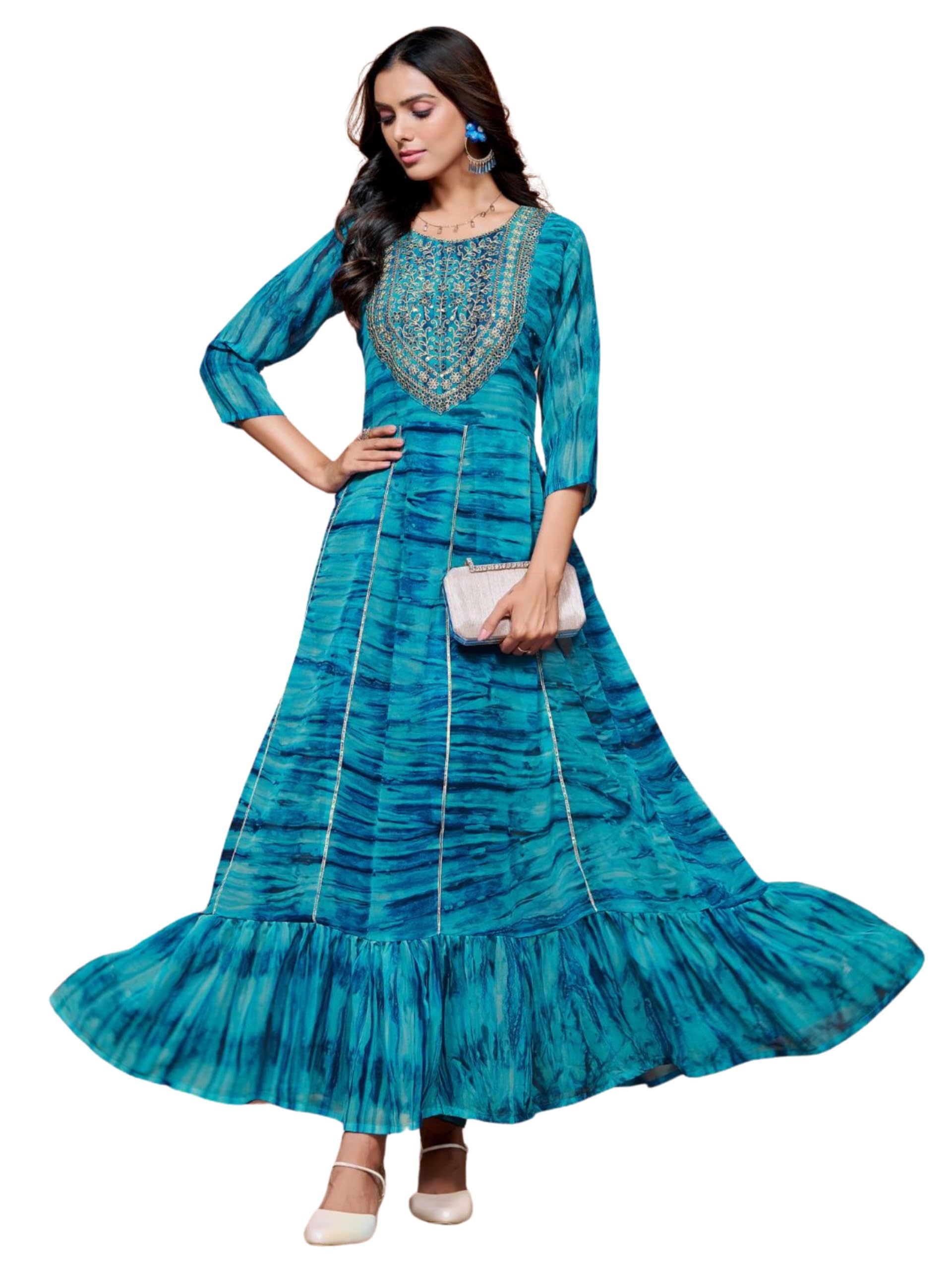 EthnicJunction Women Maxi Georgette Digital Print and Embroidered Flared Anarkali Dress Blue, Medium