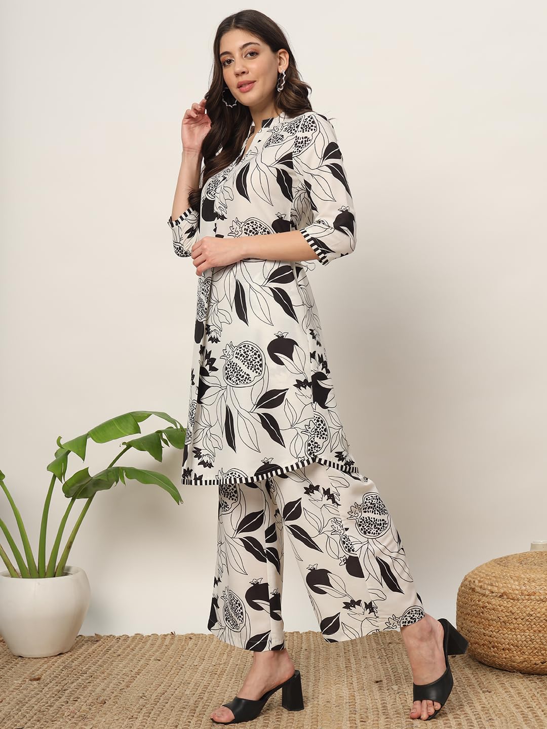 FIORRA Women's Off White Cotton Blend Printed Tunic with Palazzo Co-ords Set SET0144 - Image 6