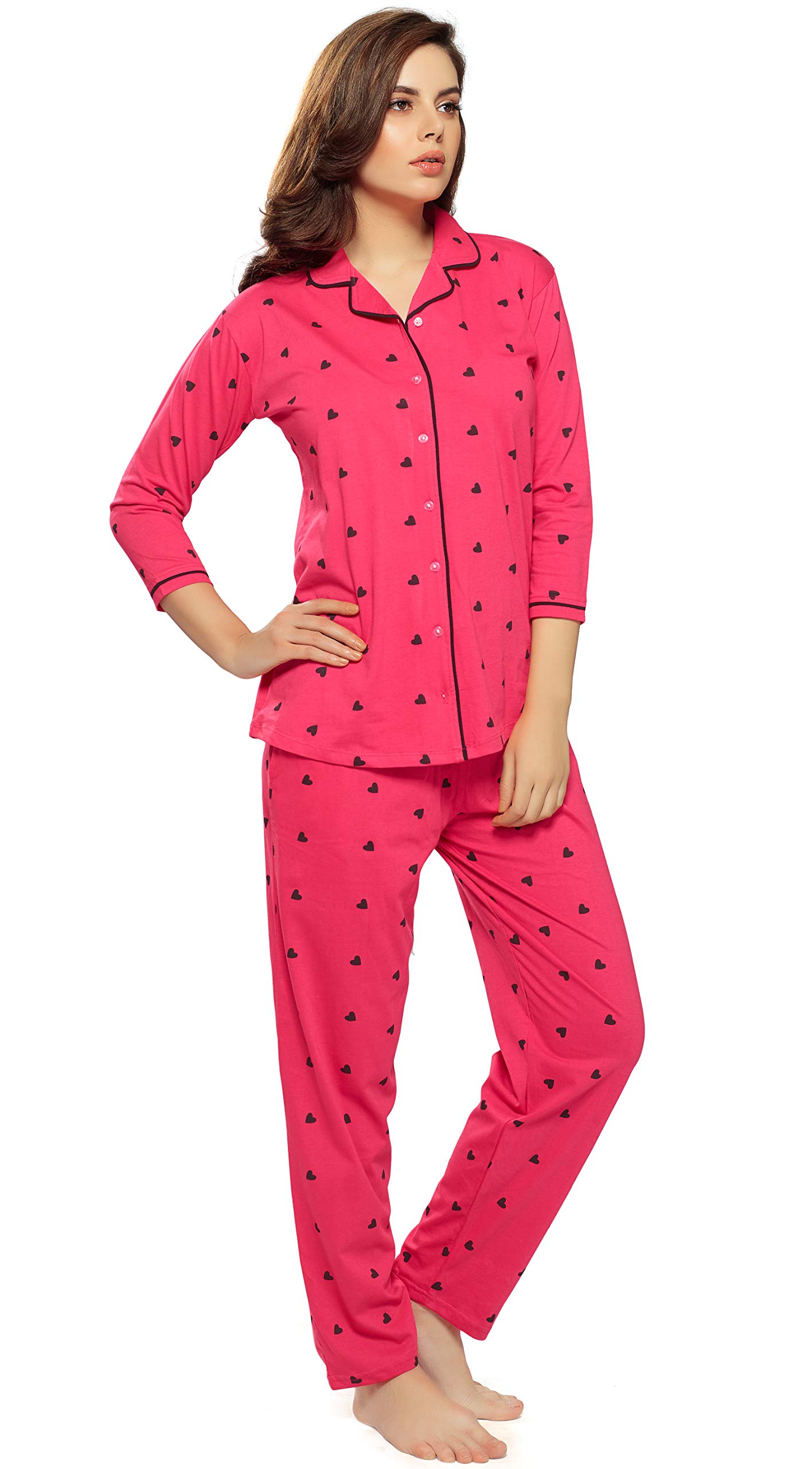 ZEYO Women's Cotton Heart Printed Dark Pink Night Suit Shirt & Pajama Set 5152 - Image 5