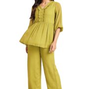Janasya Women Dobby Chiffon Self Design Top & Pant Set Mustard Color Trending Outfit