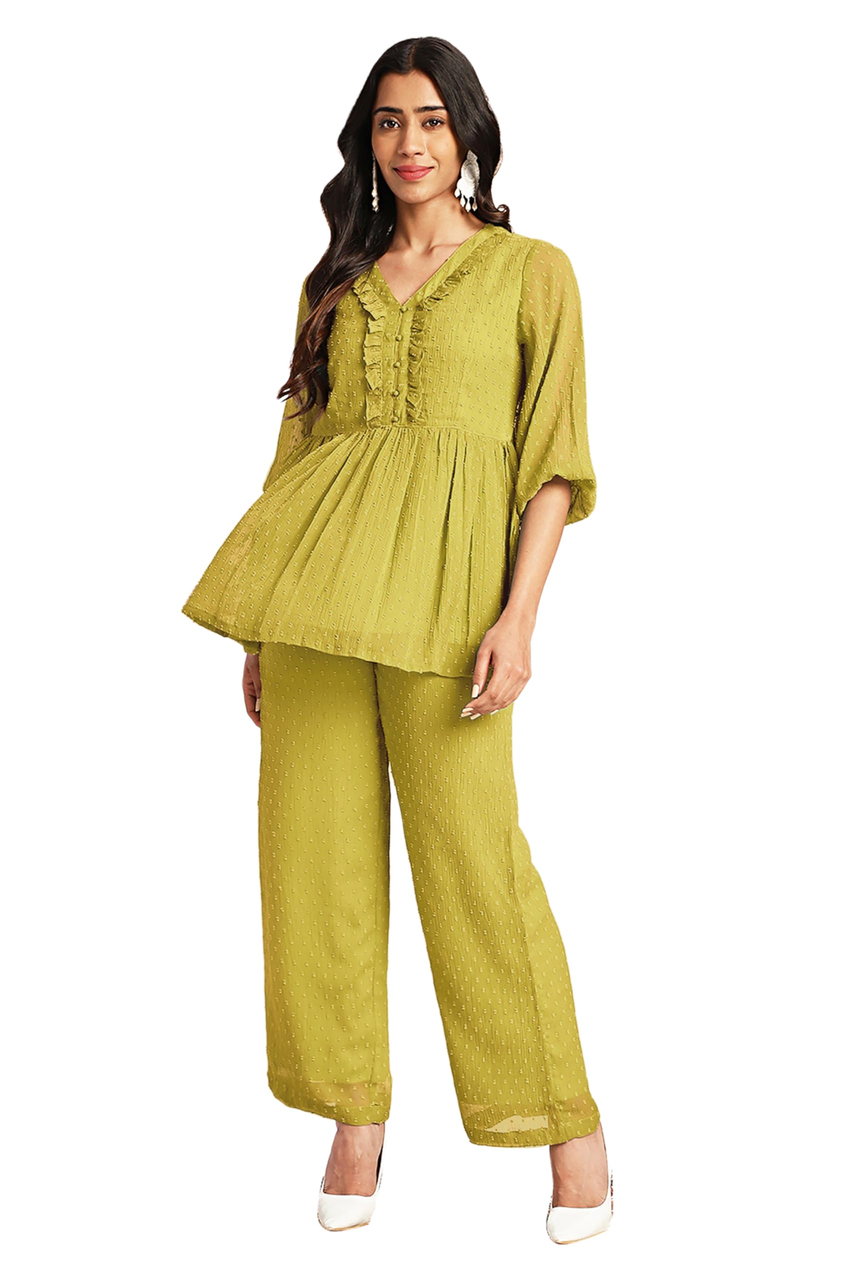 Janasya Women Dobby Chiffon Self Design Top & Pant Set Mustard Color Trending Outfit