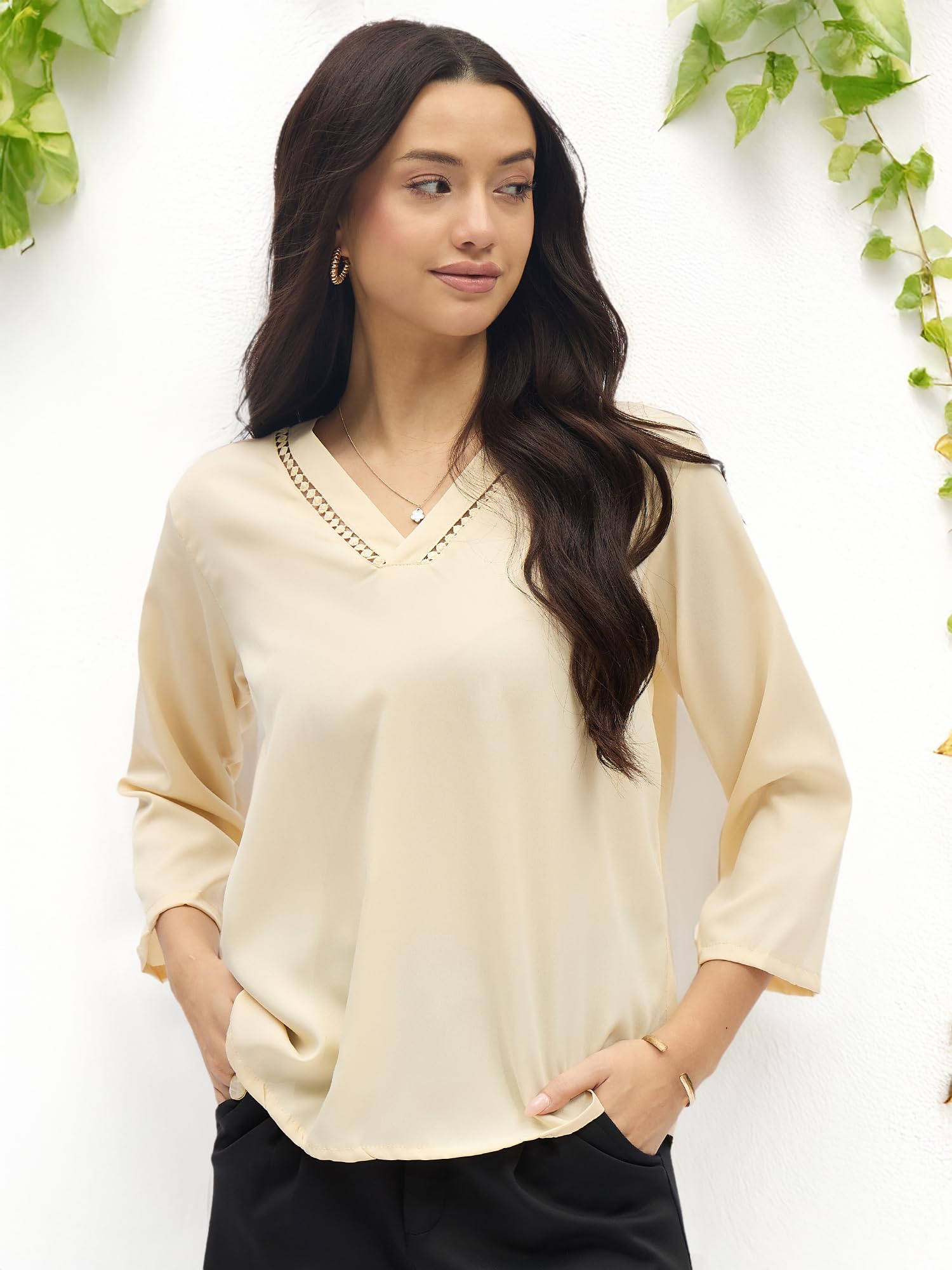 SheWill Beige Solid V-Neck Top Stylish Ethnic and Western Tops for Women Summer Travel Wear Trendy Tops for Jeans Lightweight Comfortable Casual ALLTP1267_RUS-XL - Image 6