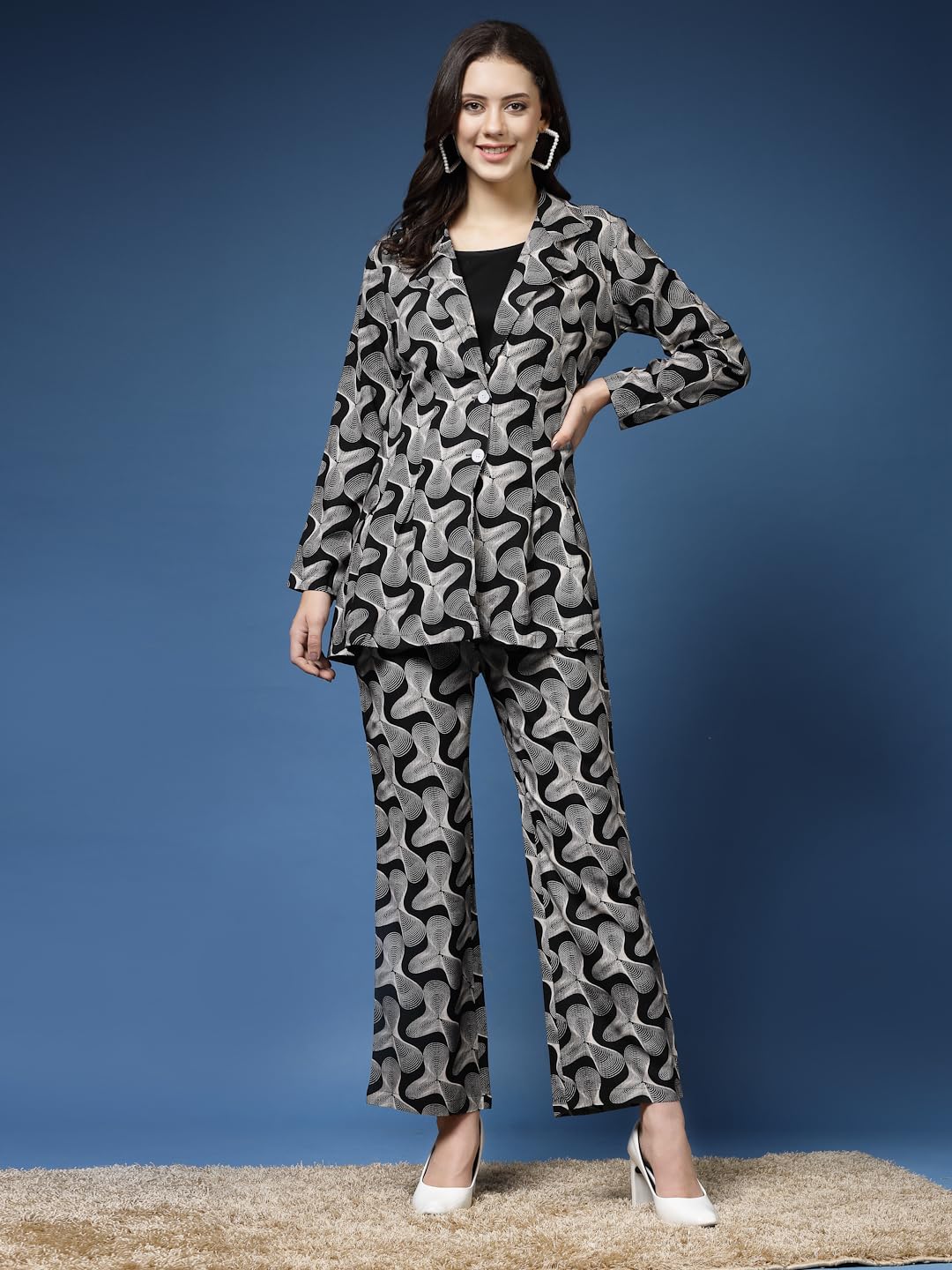 Daevish Tog New Printed Rayon 3 Piece Co Ord Set for Women - Top, Pant With Blazer - Crop Top With Blazer, Black - Image 2