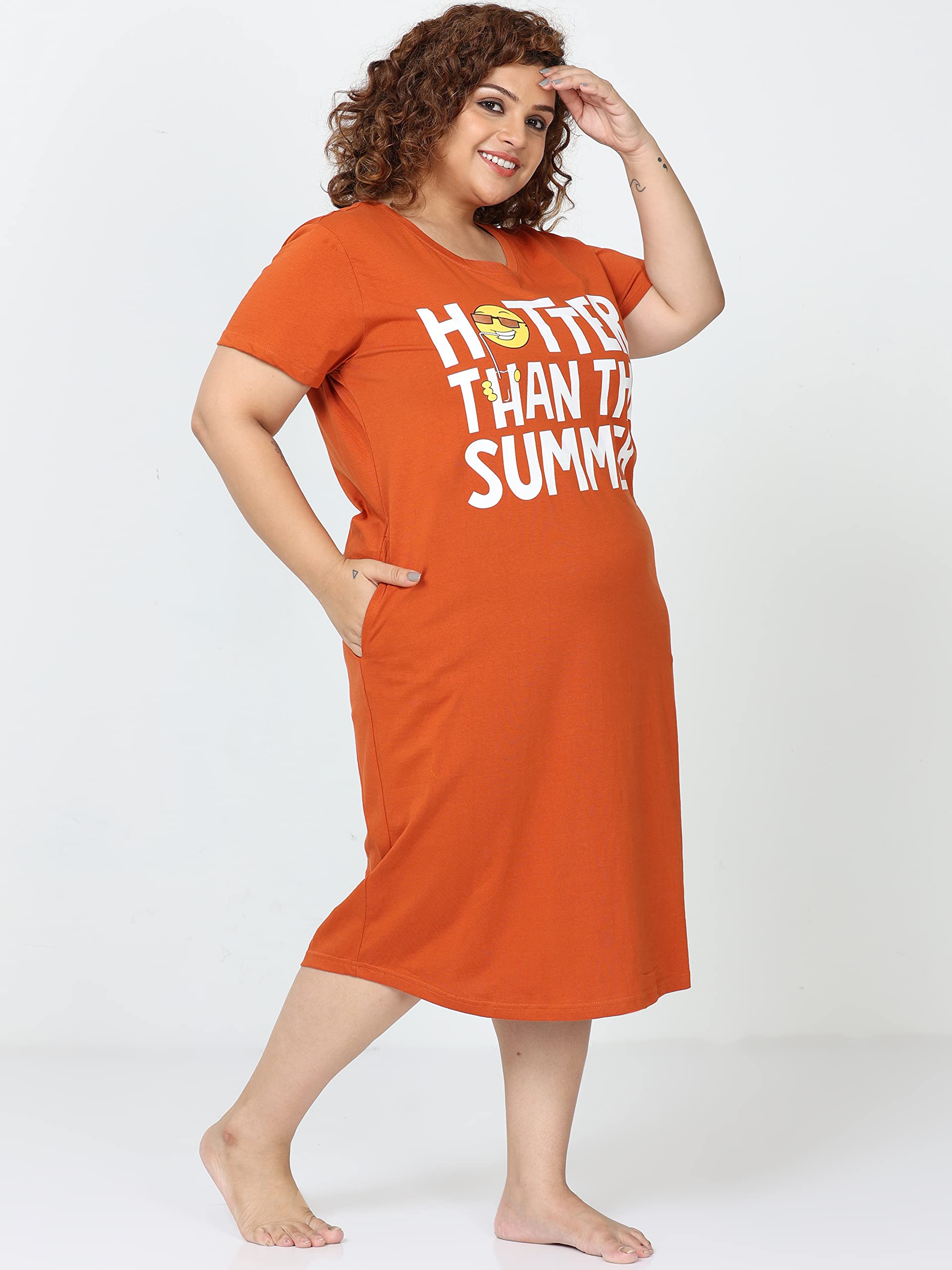 9shines Label Stylish Plus Size Hosiery Cotton Short Nighty for Women | Knee Length Night Dress with Pocket | Graphic Print Nightwear for Daily and Lounge Wear - Image 6