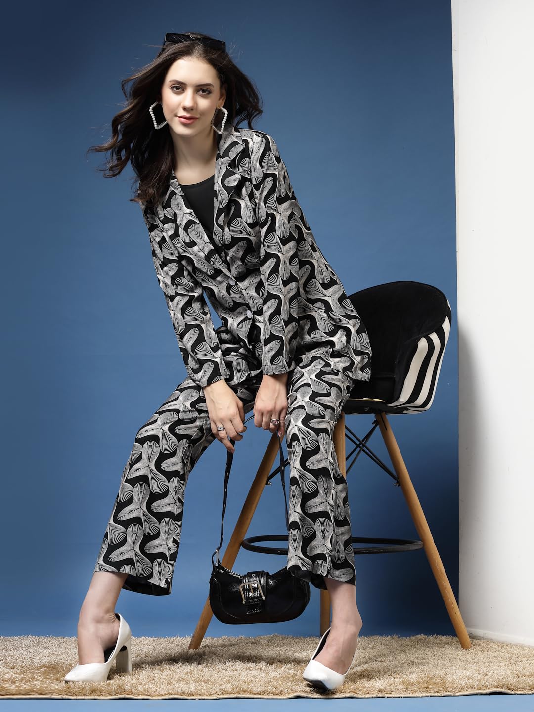 Daevish Tog New Printed Rayon 3 Piece Co Ord Set for Women - Top, Pant With Blazer - Crop Top With Blazer, Black - Image 5