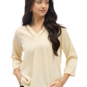 SheWill Beige Solid V-Neck Top Stylish Ethnic and Western Tops for Women Summer Travel Wear Trendy Tops for Jeans Lightweight Comfortable Casual ALLTP1267_RUS-XL