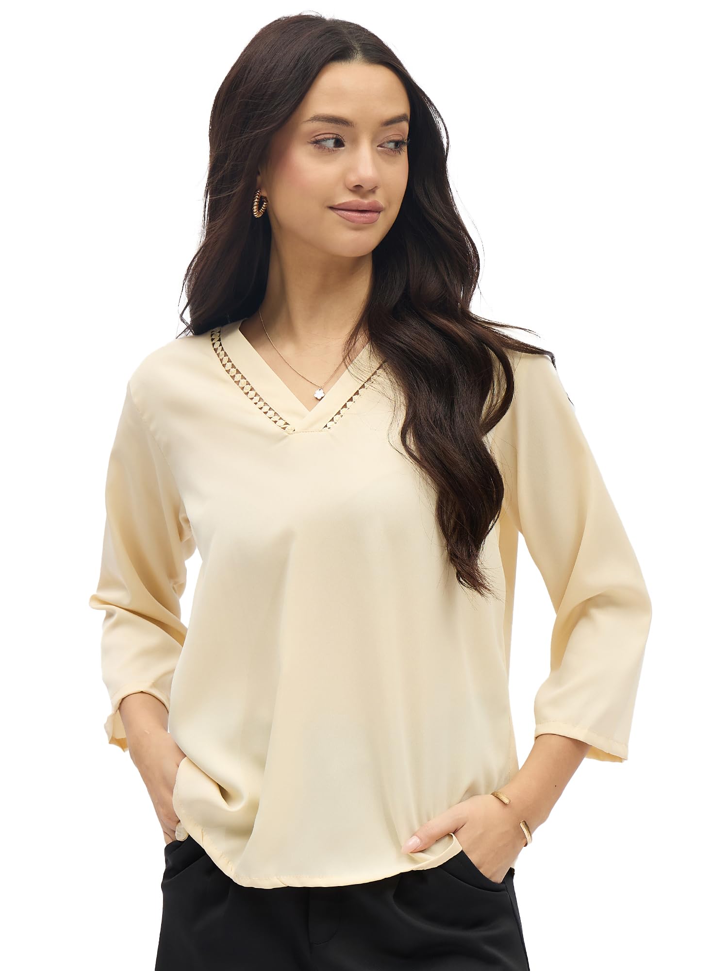 SheWill Beige Solid V-Neck Top Stylish Ethnic and Western Tops for Women Summer Travel Wear Trendy Tops for Jeans Lightweight Comfortable Casual ALLTP1267_RUS-XL