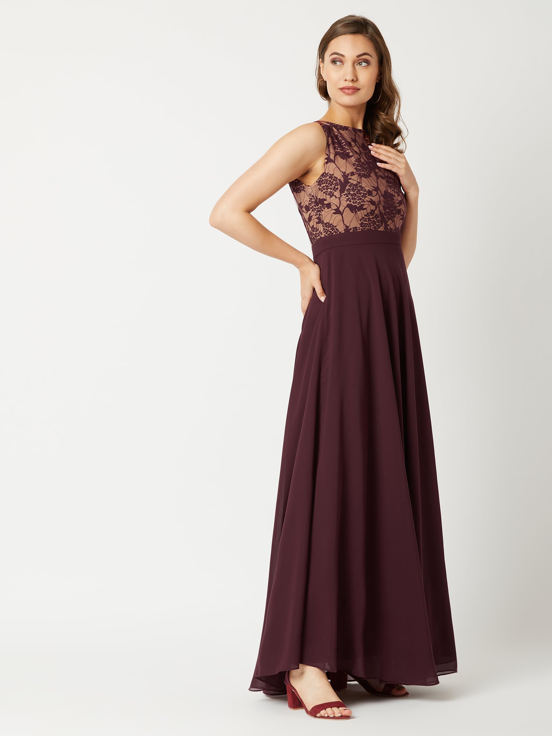 Miss Chase Women's Round Neck Sleeveless Georgette Floral Lace Fit & Flare Maxi Dress, Small, Wine - Image 5