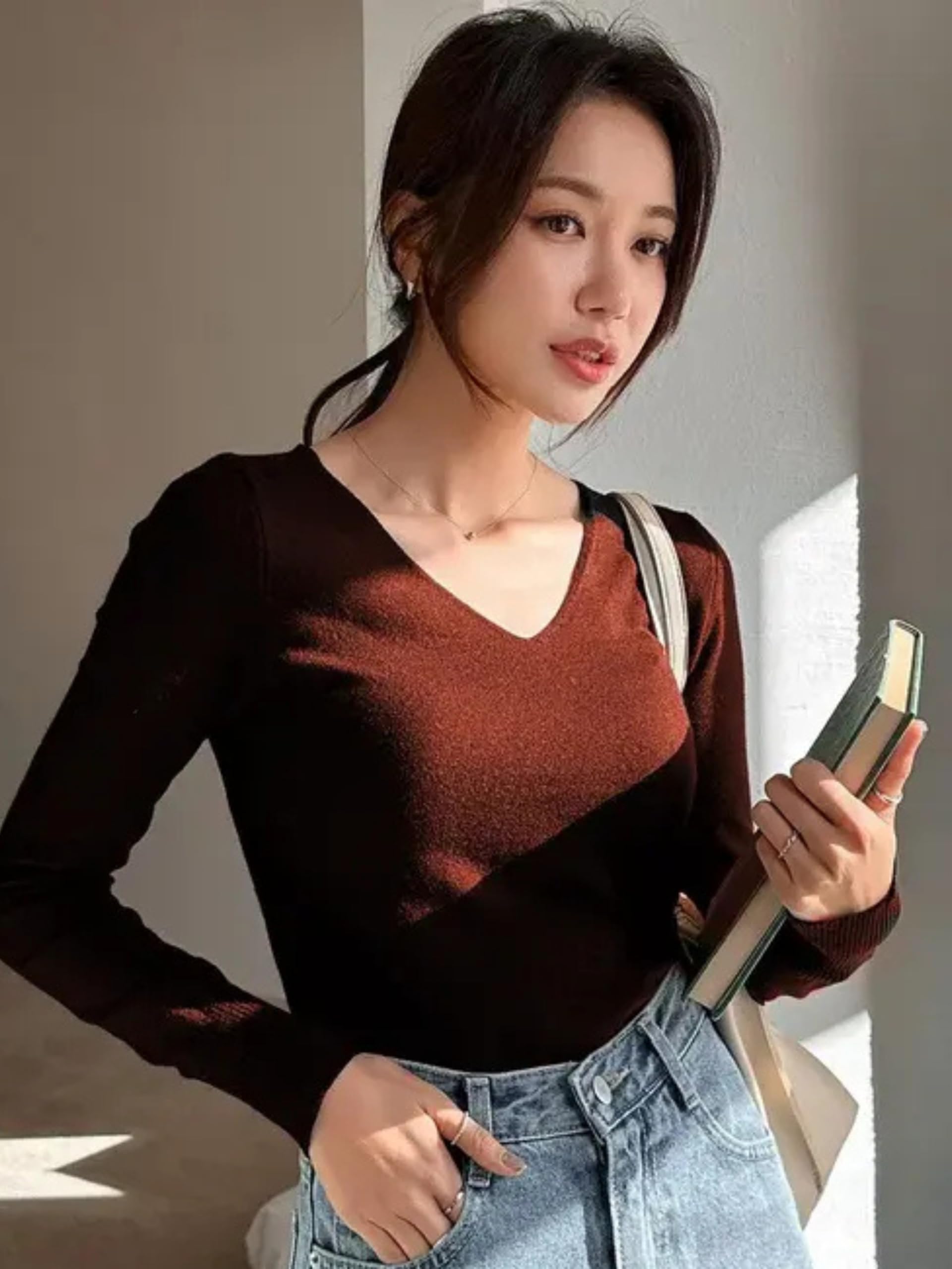 Stylish Ribbed V-Neck Full Sleeve Top for Women – Trendy Western Tops, Casual Office Wear T-Shirt Tops for Girls and Woman - Image 4