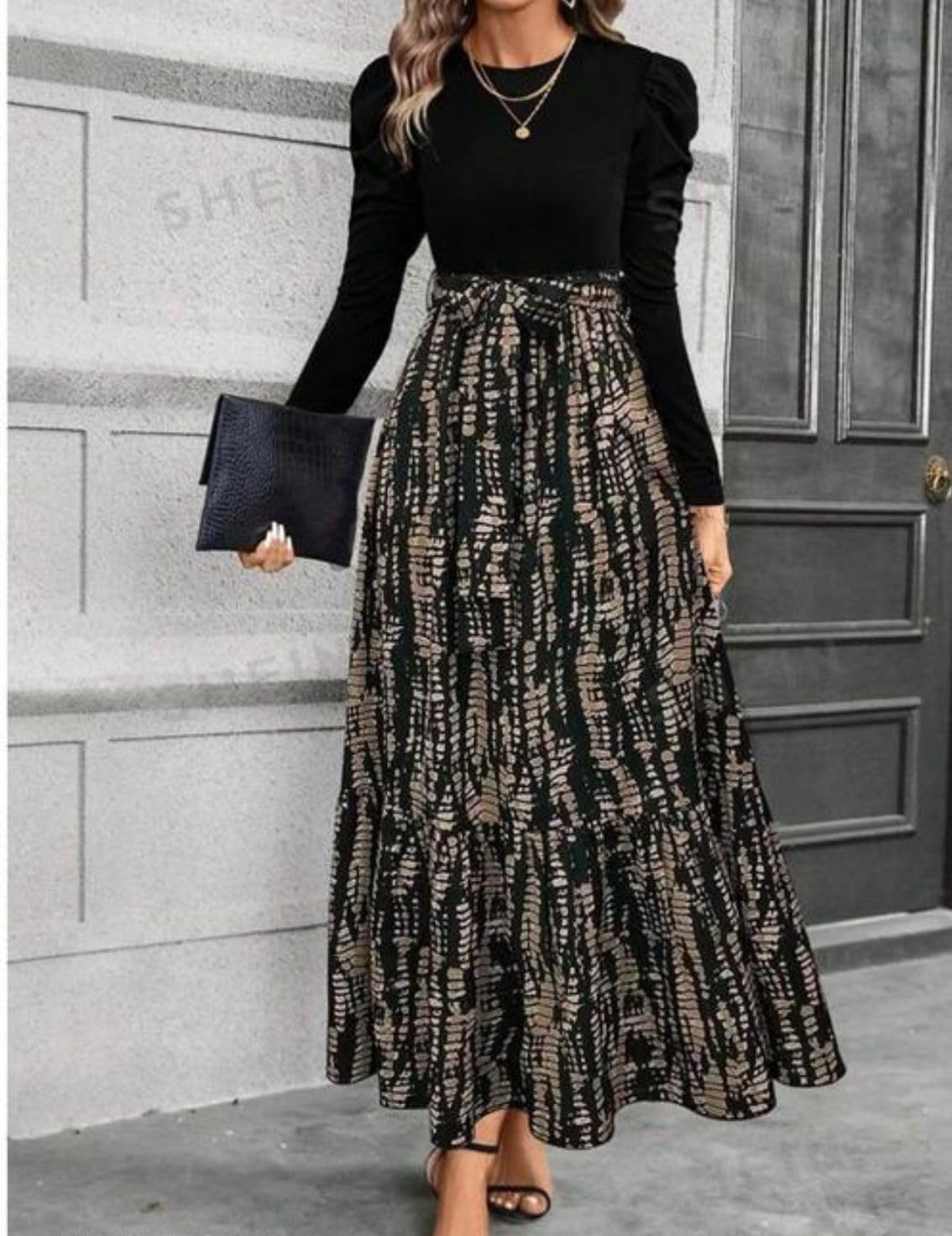 HKV Clasi Women's Autumn Dress with Bow Tie Belt, Leaf & Floral Patchwork A-Line Dress Maxi Women Outfit Black - Image 4