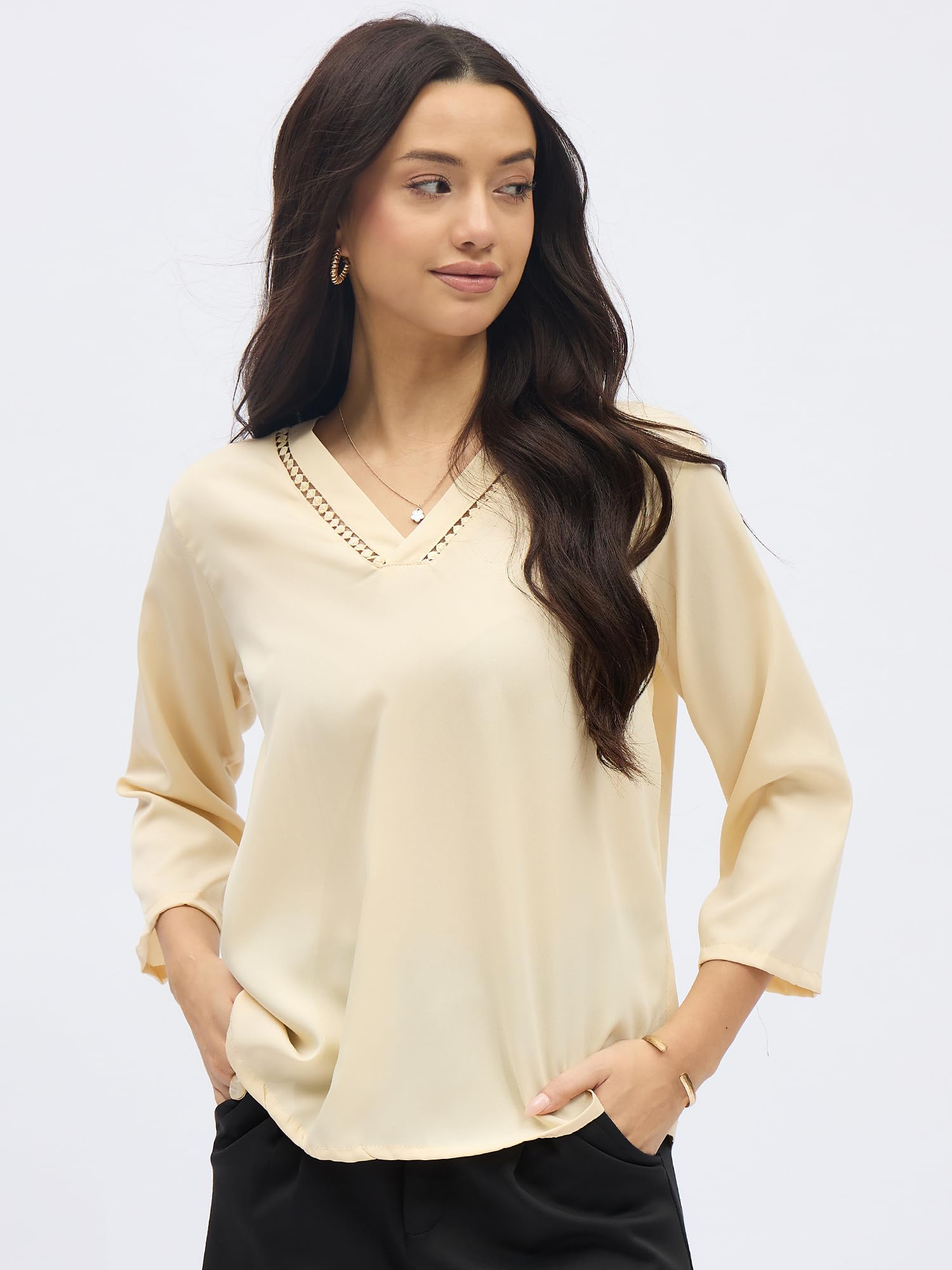 SheWill Beige Solid V-Neck Top Stylish Ethnic and Western Tops for Women Summer Travel Wear Trendy Tops for Jeans Lightweight Comfortable Casual ALLTP1267_RUS-XL - Image 4