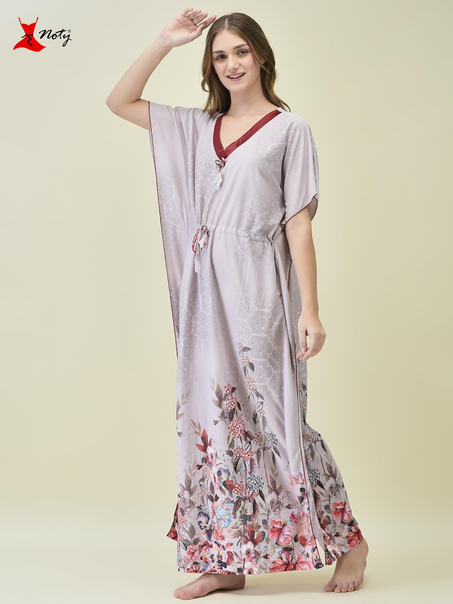 Noty Polyester Blend Women's Kaftan Maxi Nighty | Digital Print | Sarena Fabric | V Shaped Neck Nightwear | Nightdress for Girl - Image 4