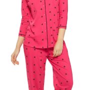 ZEYO Women's Cotton Heart Printed Dark Pink Night Suit Shirt & Pajama Set 5152
