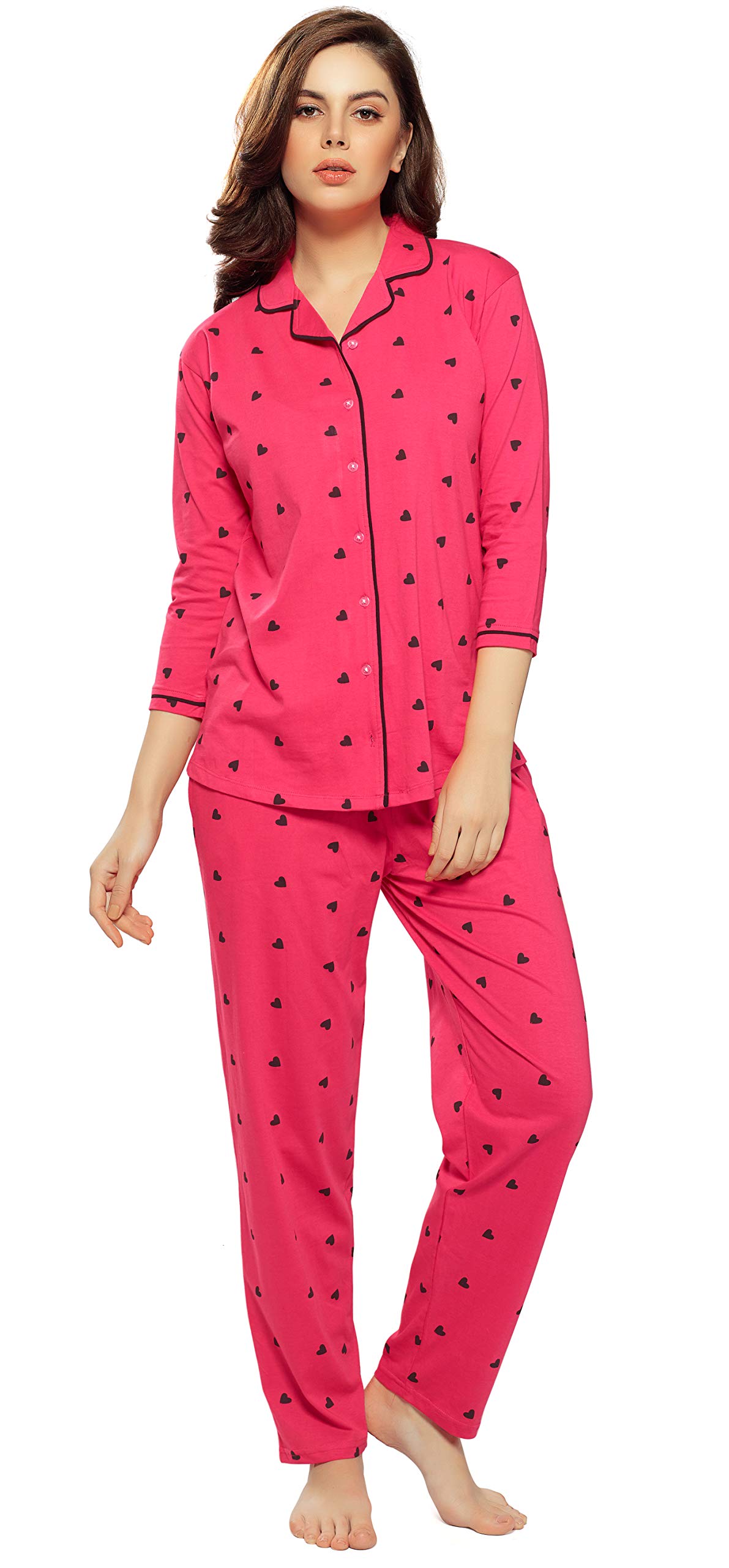 ZEYO Women's Cotton Heart Printed Dark Pink Night Suit Shirt & Pajama Set 5152