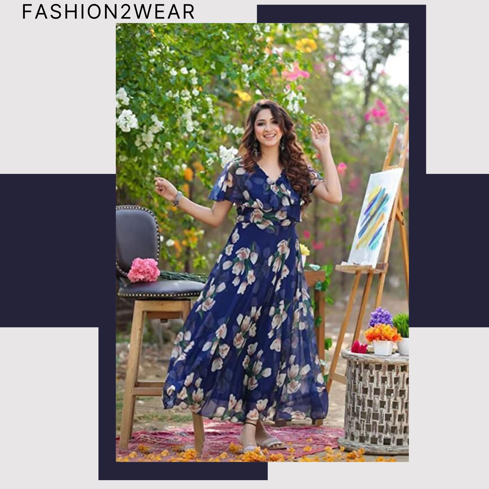 Fashion2wear Women's Georgette Casual Floral Digital Print Half Sleeve Knee Length Fit and Flare Long Maxi Gown Dress - Image 2