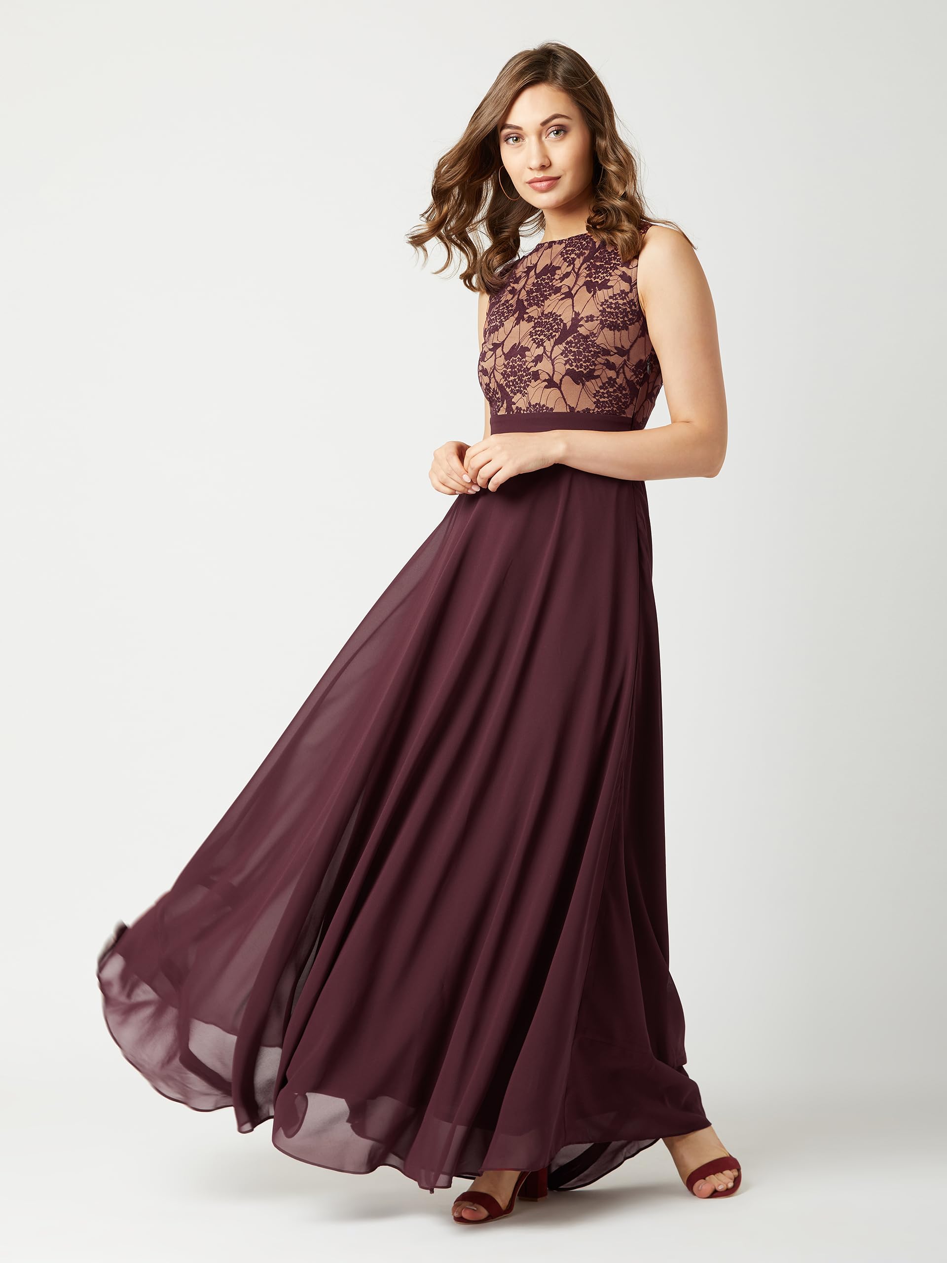 Miss Chase Women's Round Neck Sleeveless Georgette Floral Lace Fit & Flare Maxi Dress, Small, Wine - Image 6