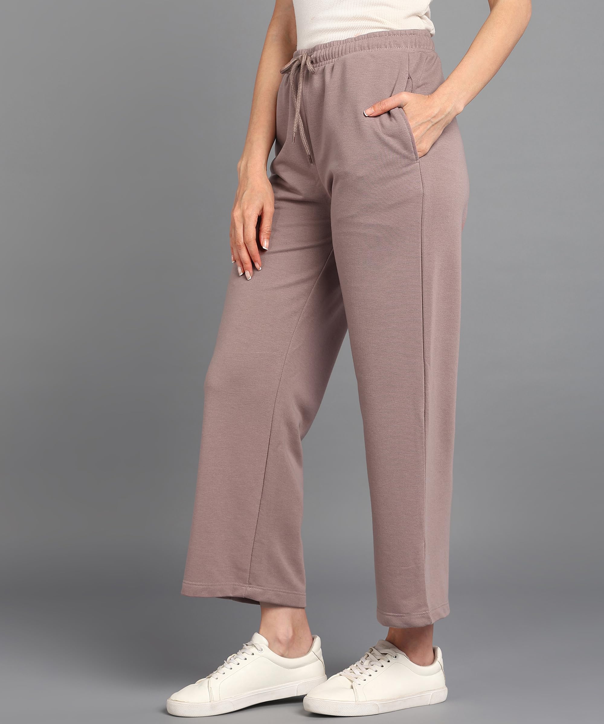 Alan Jones Clothing Women High Rise Solid Relaxed Fit Wide Leg Track Pants | Heavy Gsm Cotton Blend | Elastic Waist With Drawstring, Side Pockets - Image 6
