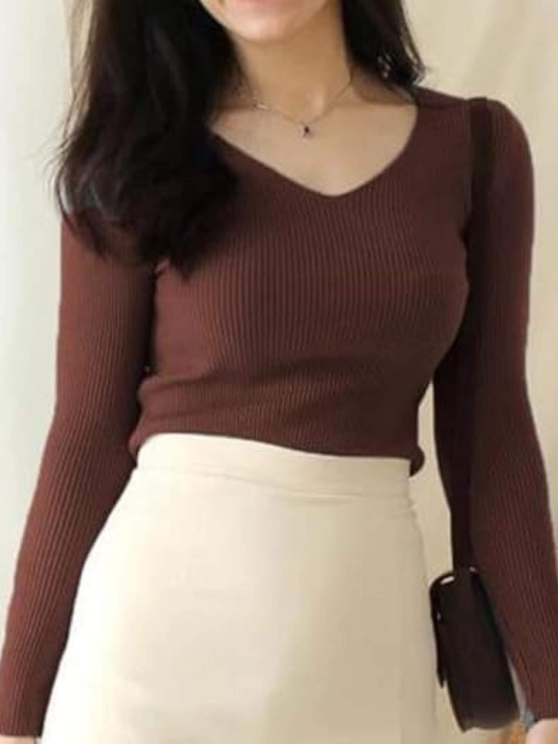 Stylish Ribbed V-Neck Full Sleeve Top for Women – Trendy Western Tops, Casual Office Wear T-Shirt Tops for Girls and Woman - Image 3