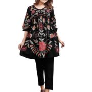 Womanista Women's Black Colour Linen Multi Thread Embroidery Flared Tunic with Trouser coord Set
