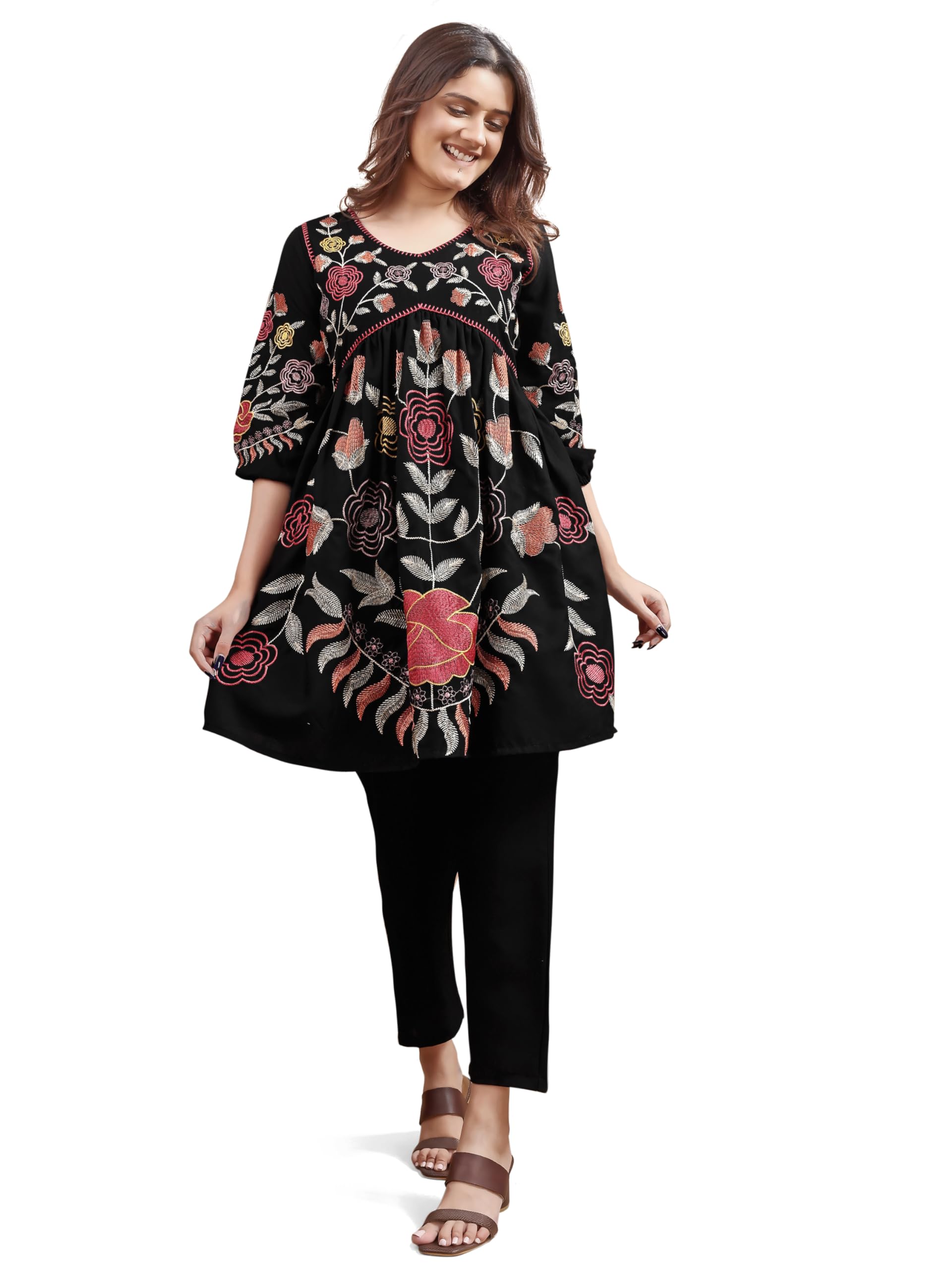 Womanista Women's Black Colour Linen Multi Thread Embroidery Flared Tunic with Trouser coord Set