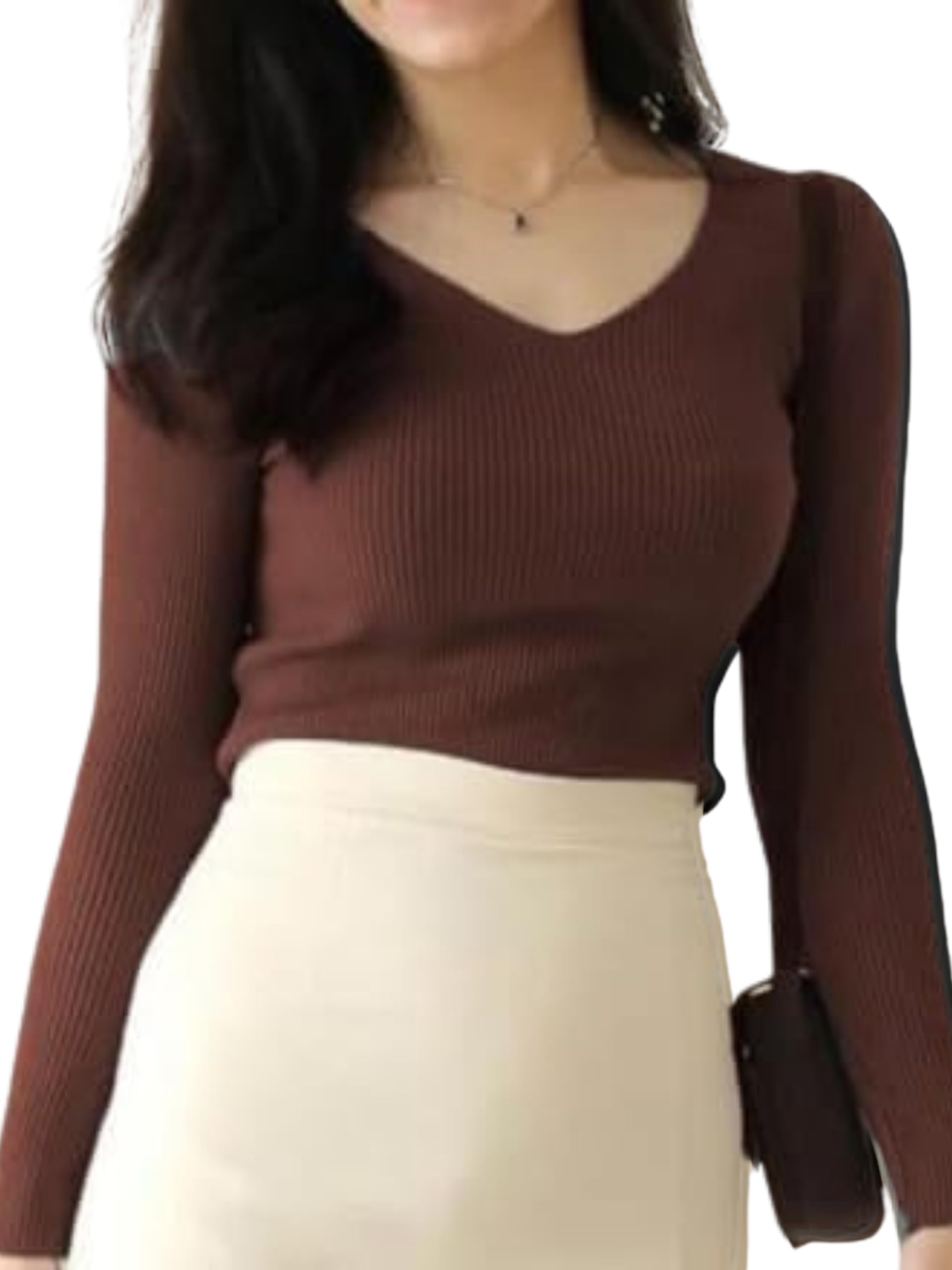 Stylish Ribbed V-Neck Full Sleeve Top for Women – Trendy Western Tops, Casual Office Wear T-Shirt Tops for Girls and Woman