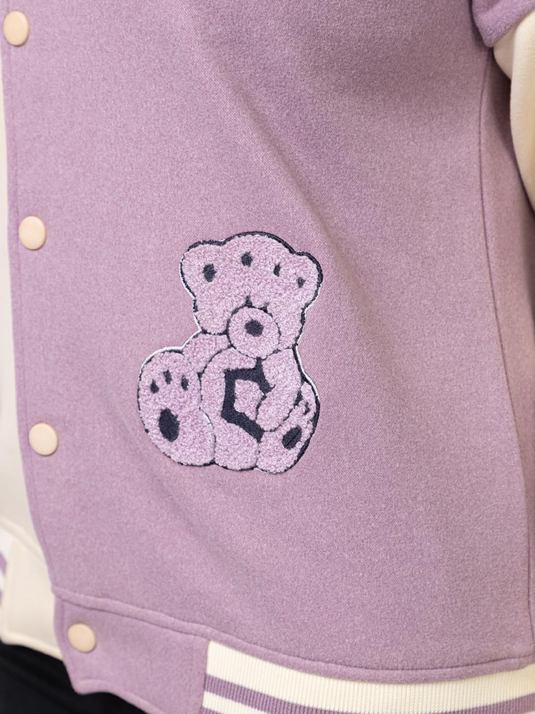 ARISH Women Lavender Cream Varsity Fleece Polyester Standard Length Jacket, Imported Small - Image 4