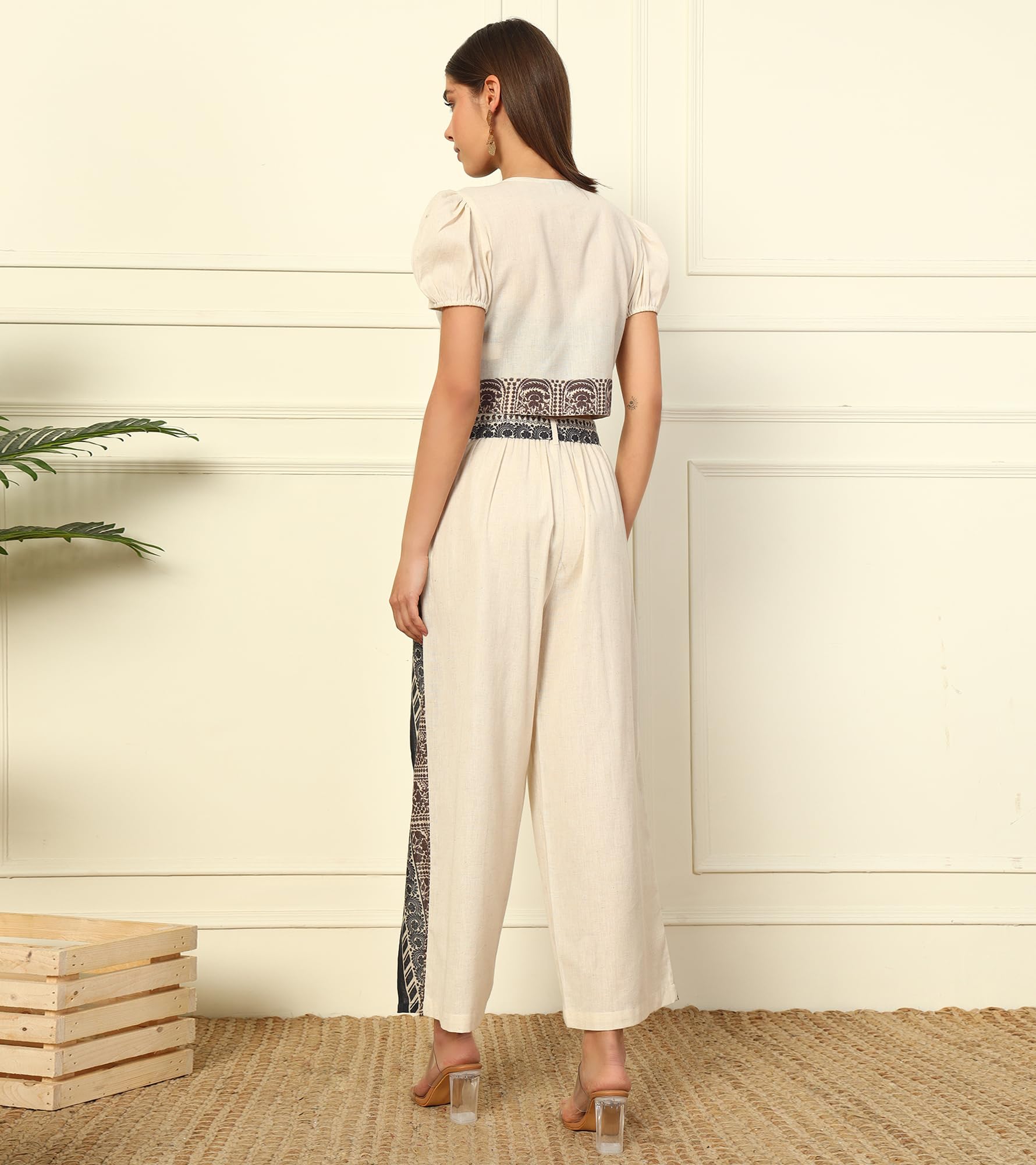 DEEBACO Solid with Printed Cotton Flex Shrug with Flap Pants Women's Co-Ord Set|Puff Sleeves Round Neck Long Length Relax Fit Summer Western Casual Wear Ladies Cord Set - Image 5