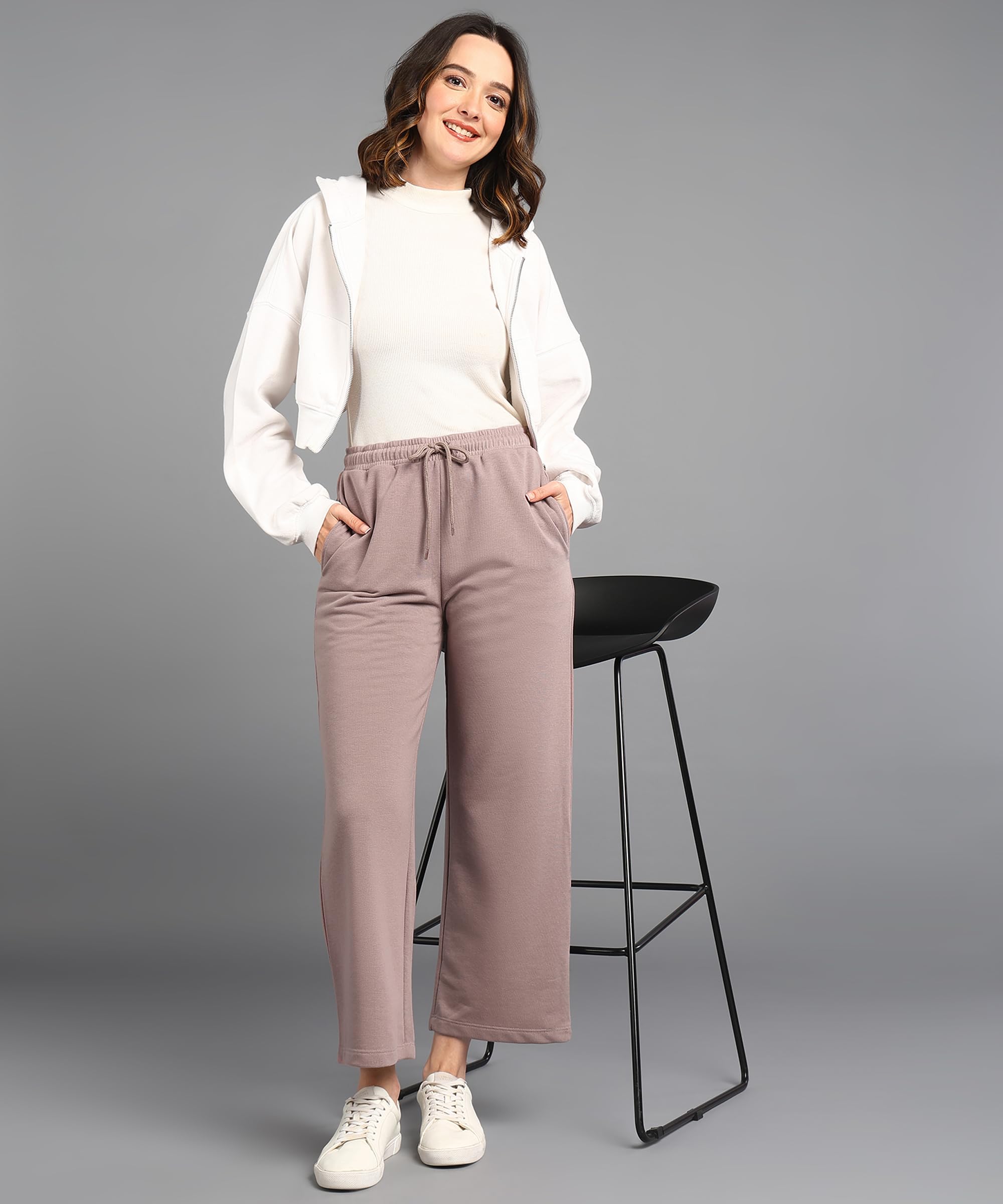 Alan Jones Clothing Women High Rise Solid Relaxed Fit Wide Leg Track Pants | Heavy Gsm Cotton Blend | Elastic Waist With Drawstring, Side Pockets - Image 5