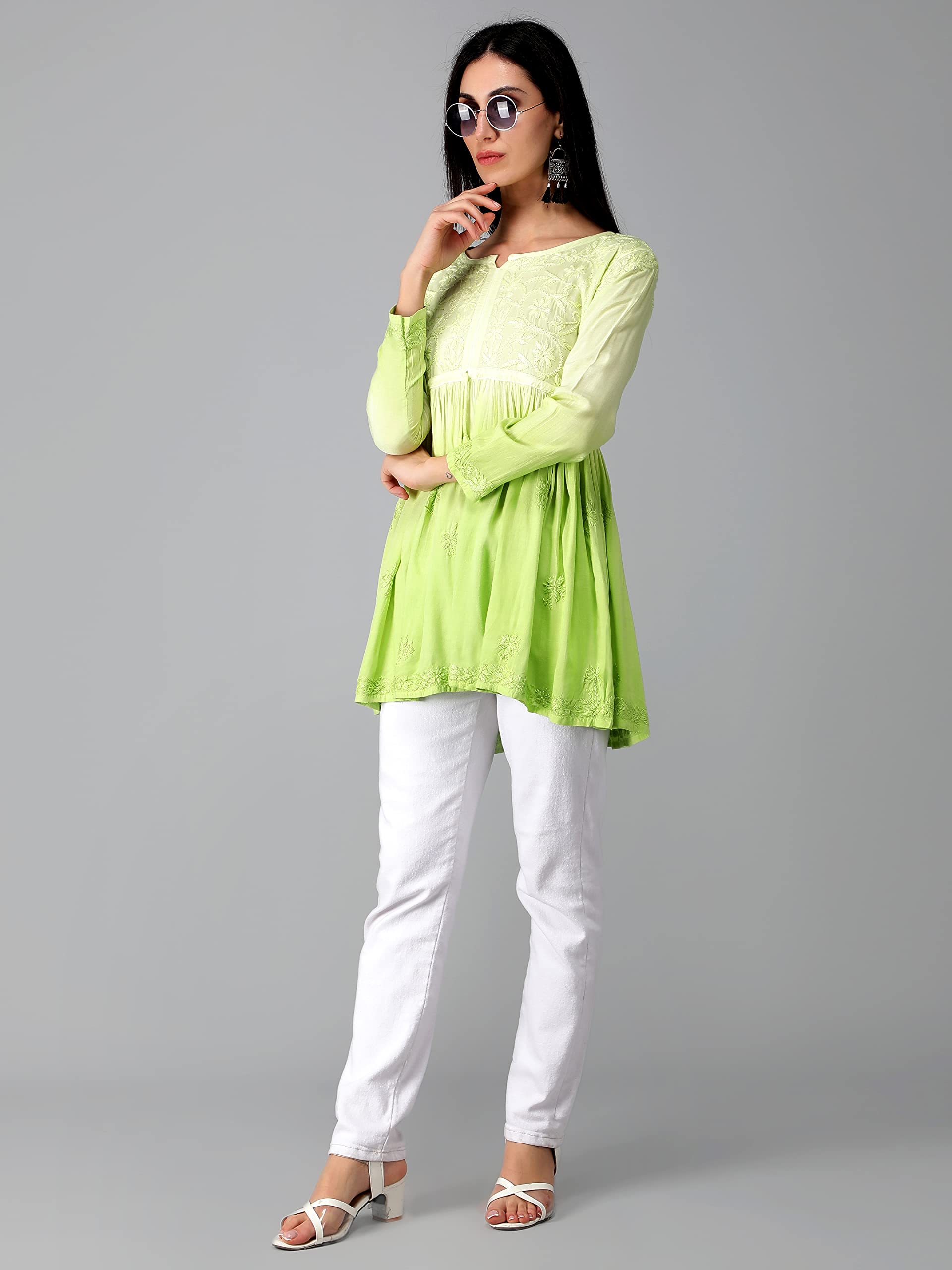 Seva Chikan Hand Embroidered Lucknowi Chikankari Lime Green Rayon Cotton Short A-line Top Tunic for Women - Image 3