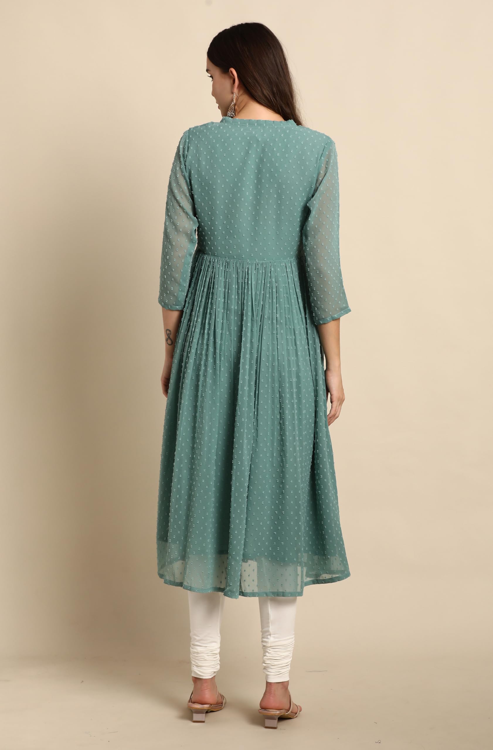 Janasya Women's Green Dobby Chiffon Self Design Flared Western Kurta - Image 6