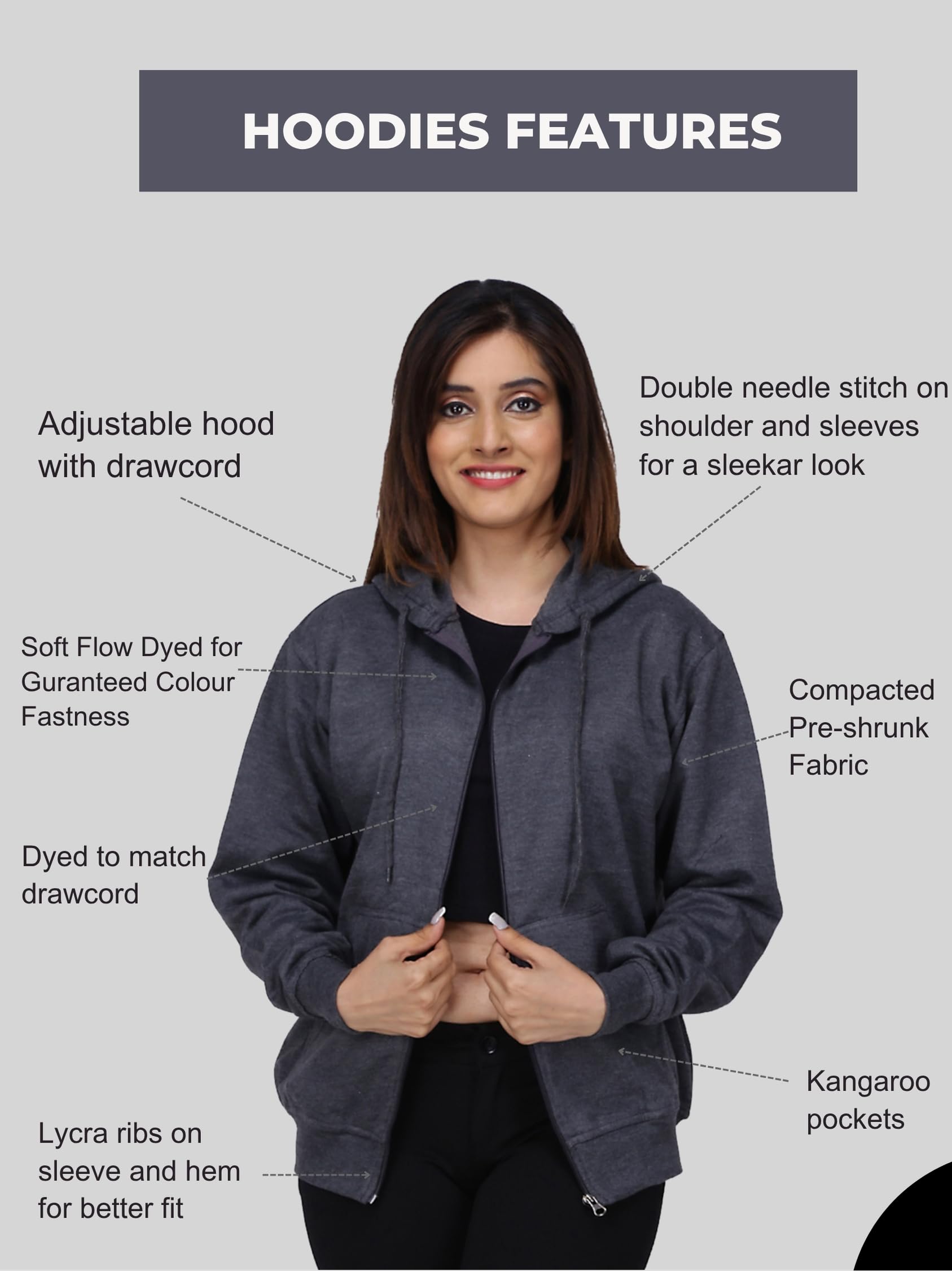 FALTU.CO Women’s Full Sleeve Cotton Zipper Hoodie with Pockets | Regular Fit Hooded Sweatshirt Pullover for Winter, Casual, Outdoor, Travel & Everyday Wear | Charcoal Grey | L - Image 5