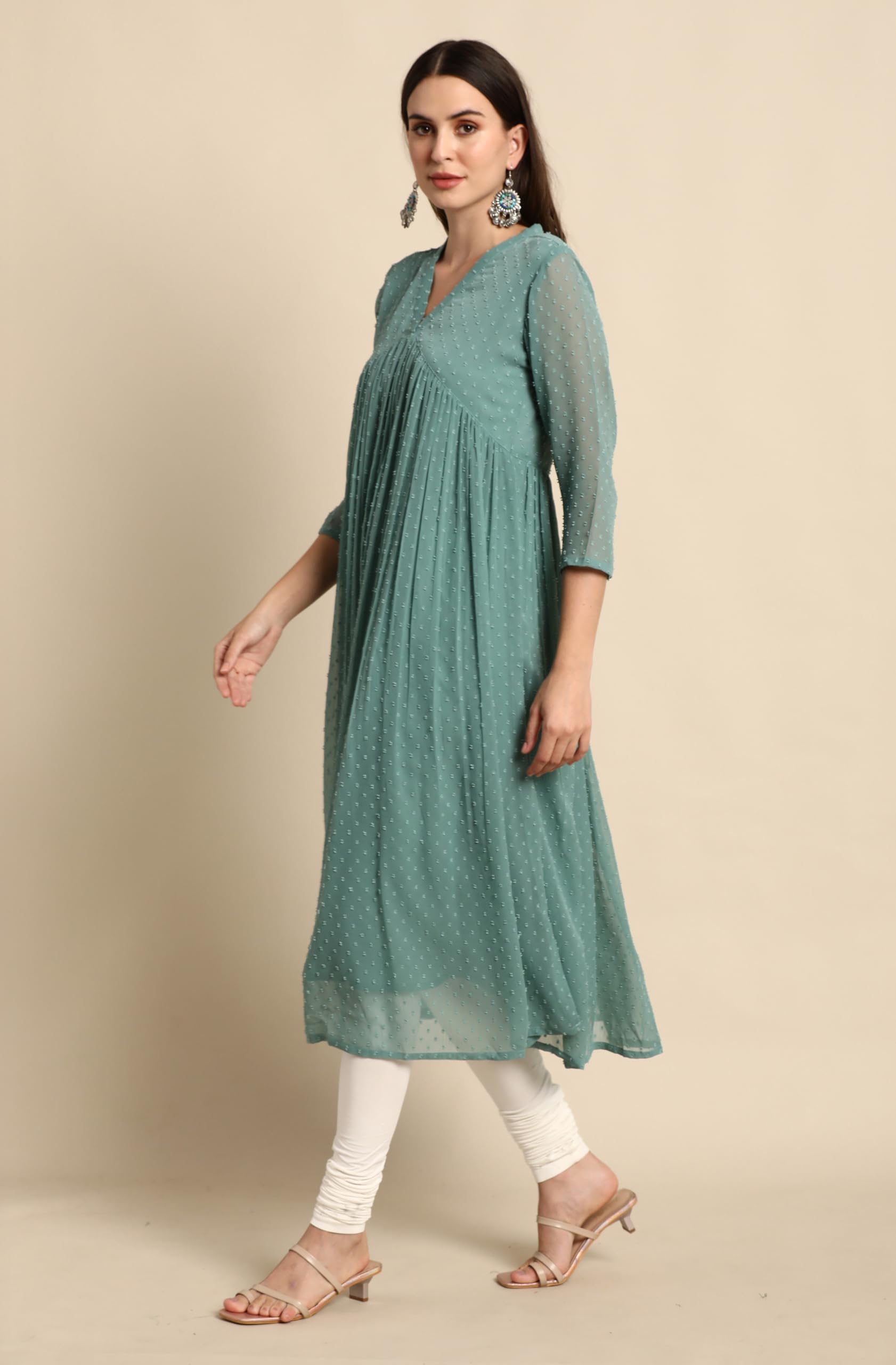 Janasya Women's Green Dobby Chiffon Self Design Flared Western Kurta - Image 7