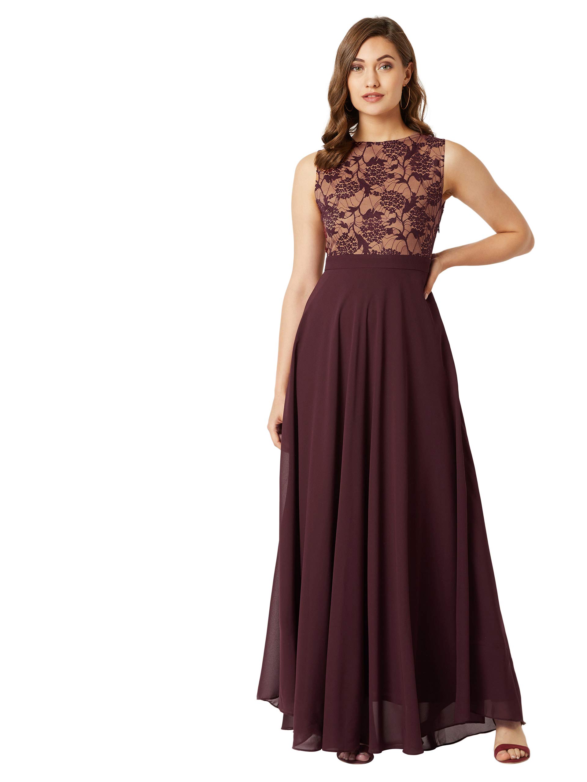 Miss Chase Women's Round Neck Sleeveless Georgette Floral Lace Fit & Flare Maxi Dress, Small, Wine