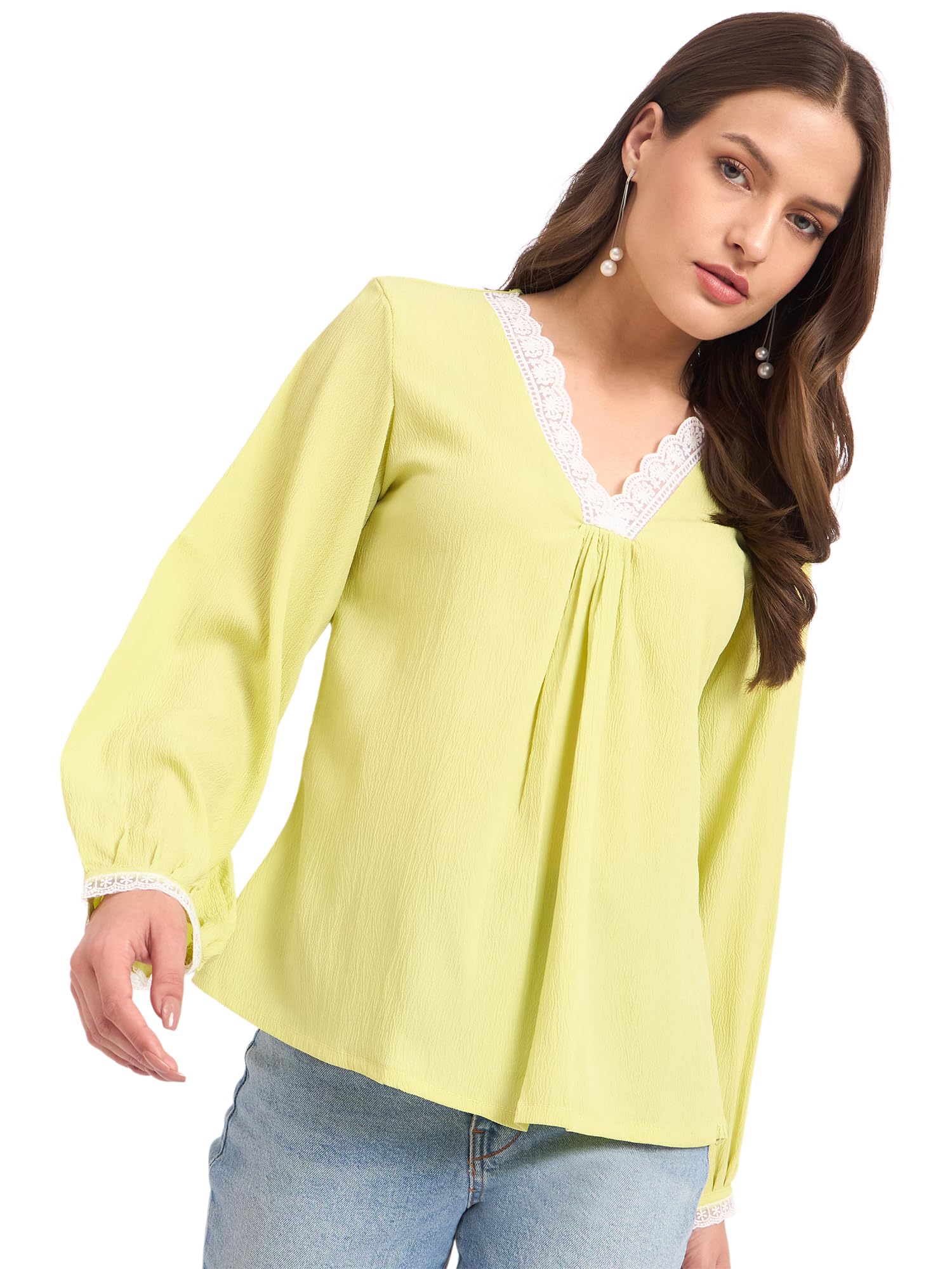 SheWill Lime Self Design Lace A-Line Top Stylish Ethnic and Western Tops for Women Summer Travel Wear Trendy Tops for Jeans Lightweight Comfortable Top Elegant and Chic Look ALLTP1250_RUS