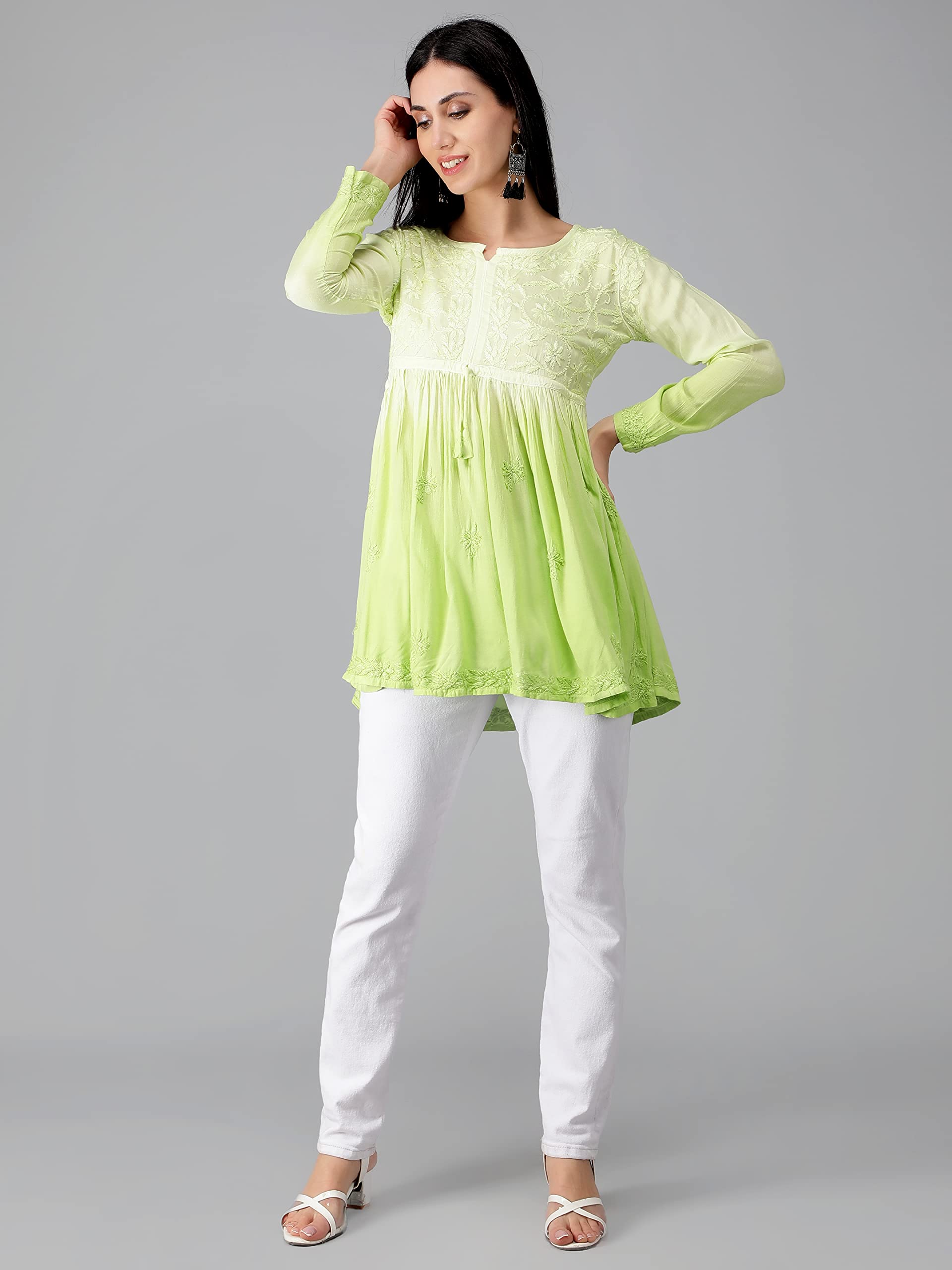 Seva Chikan Hand Embroidered Lucknowi Chikankari Lime Green Rayon Cotton Short A-line Top Tunic for Women - Image 2