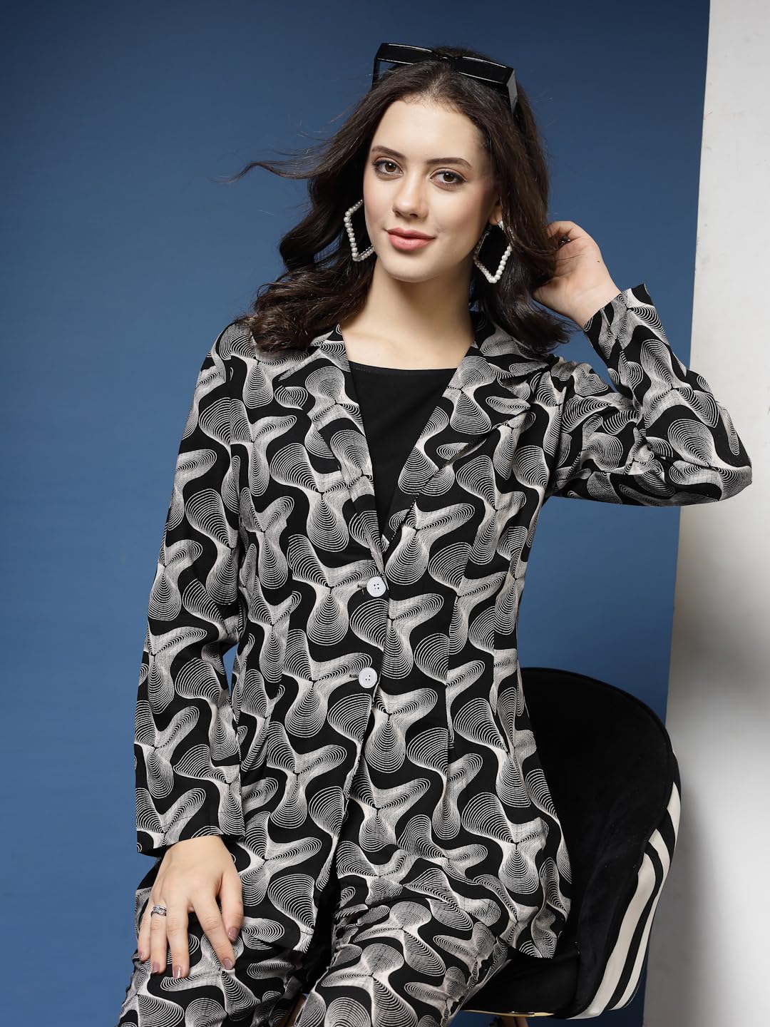 Daevish Tog New Printed Rayon 3 Piece Co Ord Set for Women - Top, Pant With Blazer - Crop Top With Blazer, Black - Image 3