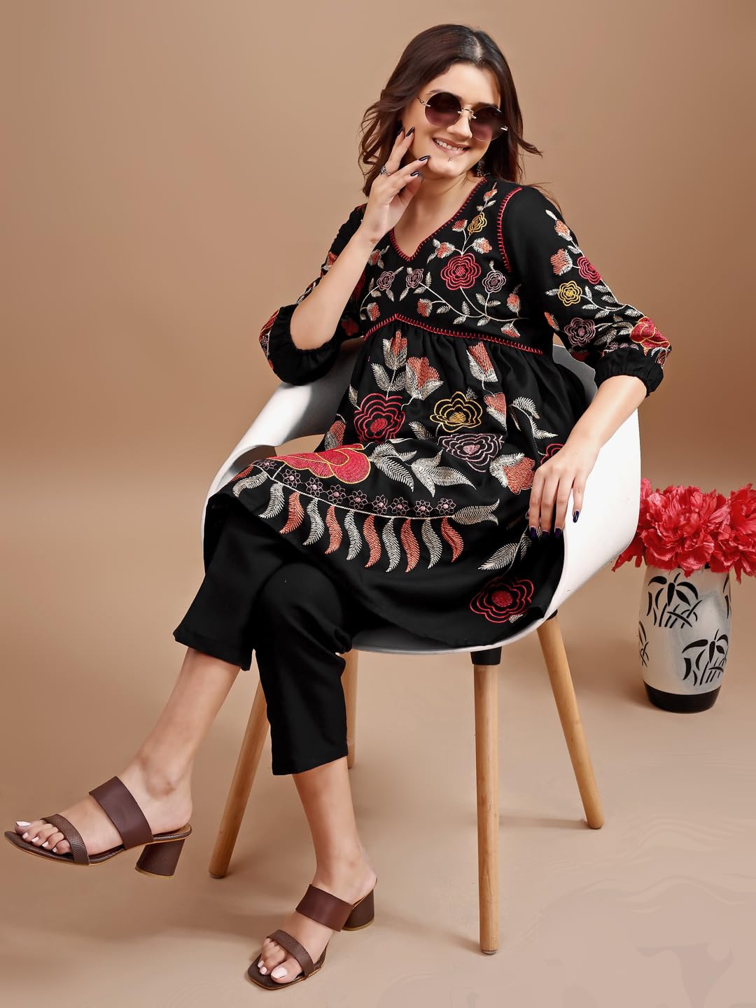 Womanista Women's Black Colour Linen Multi Thread Embroidery Flared Tunic with Trouser coord Set - Image 3