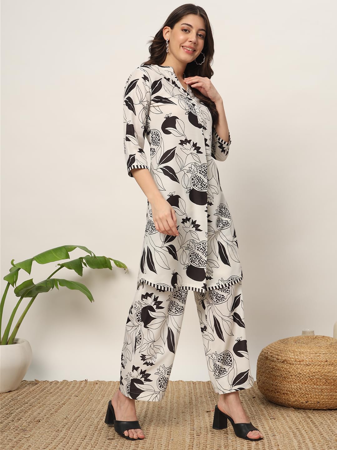 FIORRA Women's Off White Cotton Blend Printed Tunic with Palazzo Co-ords Set SET0144 - Image 7