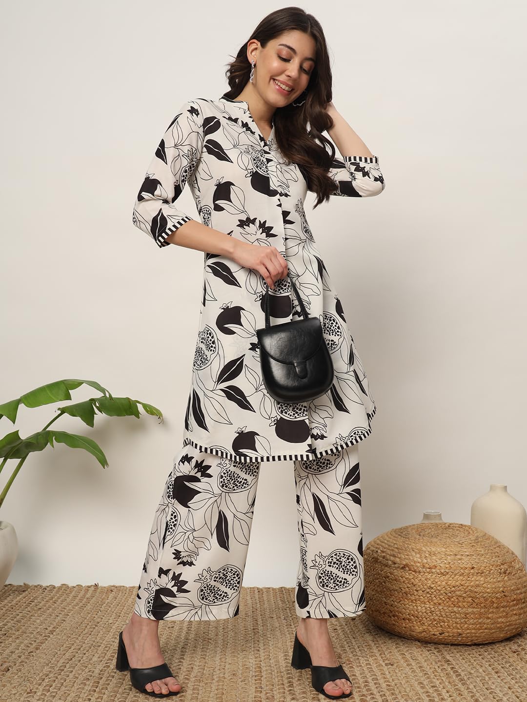 FIORRA Women's Off White Cotton Blend Printed Tunic with Palazzo Co-ords Set SET0144 - Image 4