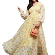 Miss Chase Women's V-Neck Bishop Sleeve Floral Gathered Pocketed Maxi Dress