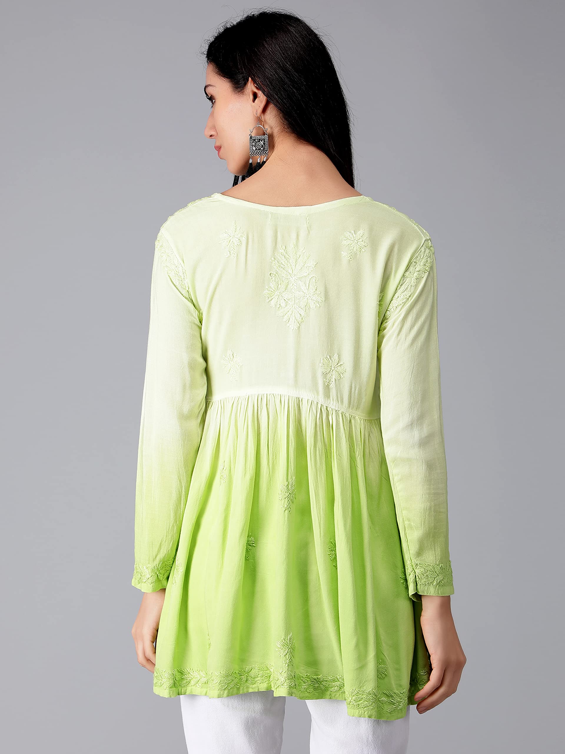 Seva Chikan Hand Embroidered Lucknowi Chikankari Lime Green Rayon Cotton Short A-line Top Tunic for Women - Image 8