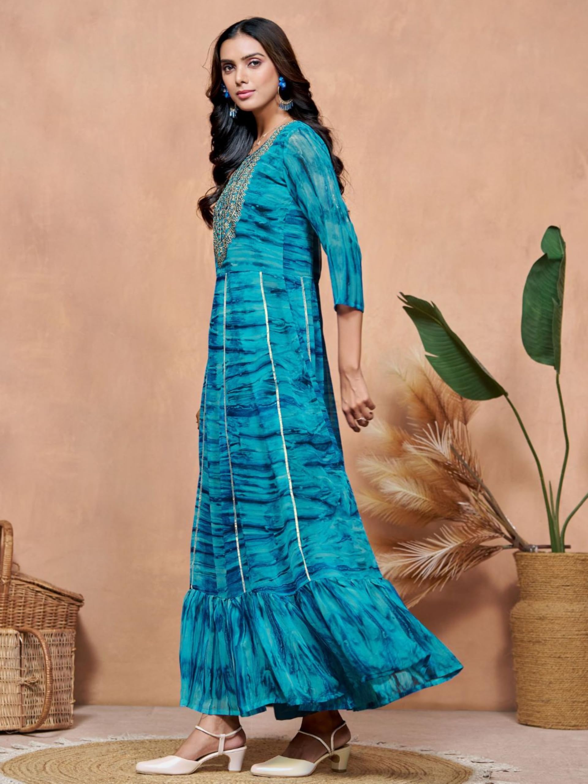 EthnicJunction Women Maxi Georgette Digital Print and Embroidered Flared Anarkali Dress Blue, Medium - Image 5