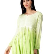 Seva Chikan Hand Embroidered Lucknowi Chikankari Lime Green Rayon Cotton Short A-line Top Tunic for Women