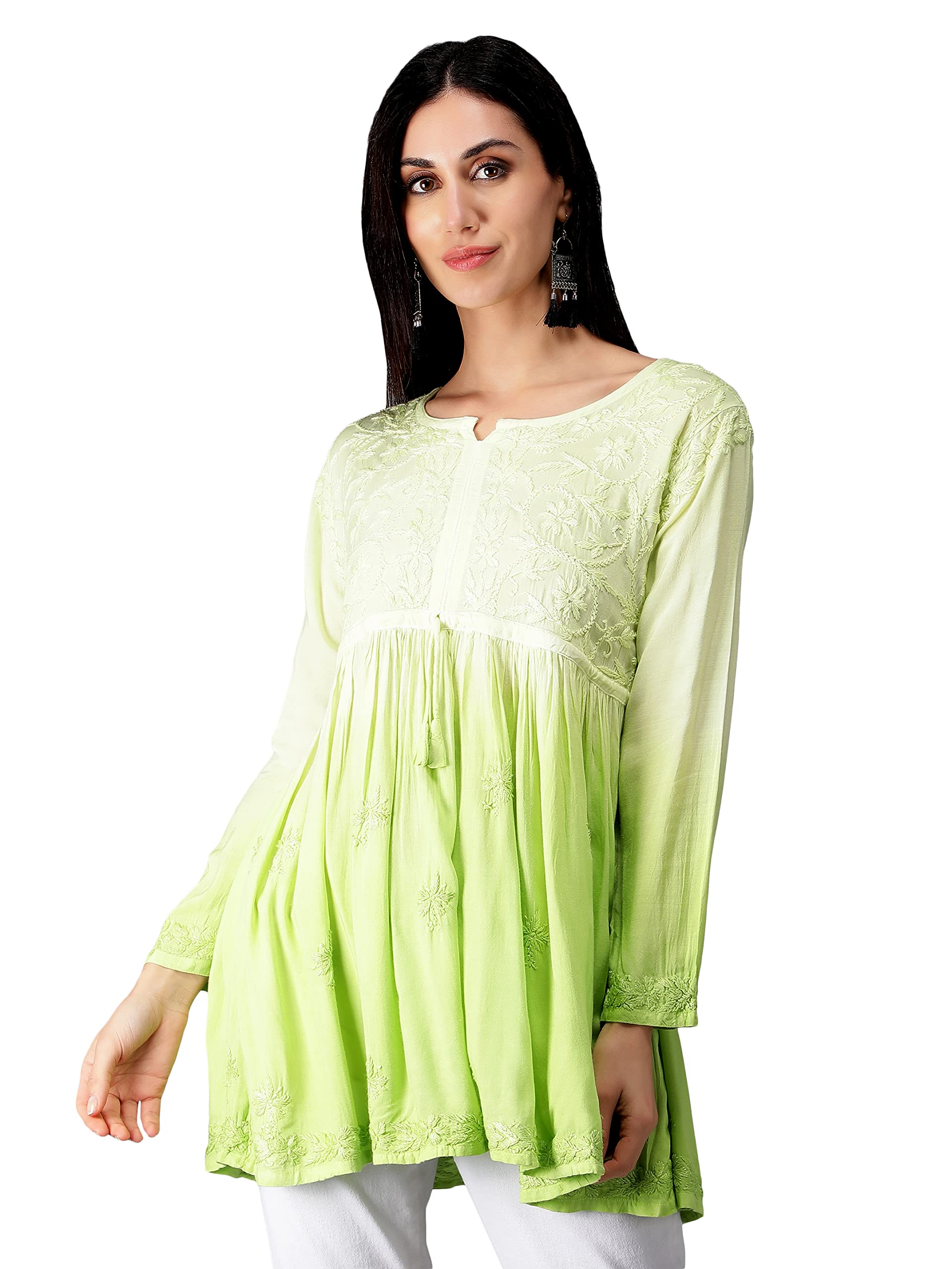 Seva Chikan Hand Embroidered Lucknowi Chikankari Lime Green Rayon Cotton Short A-line Top Tunic for Women