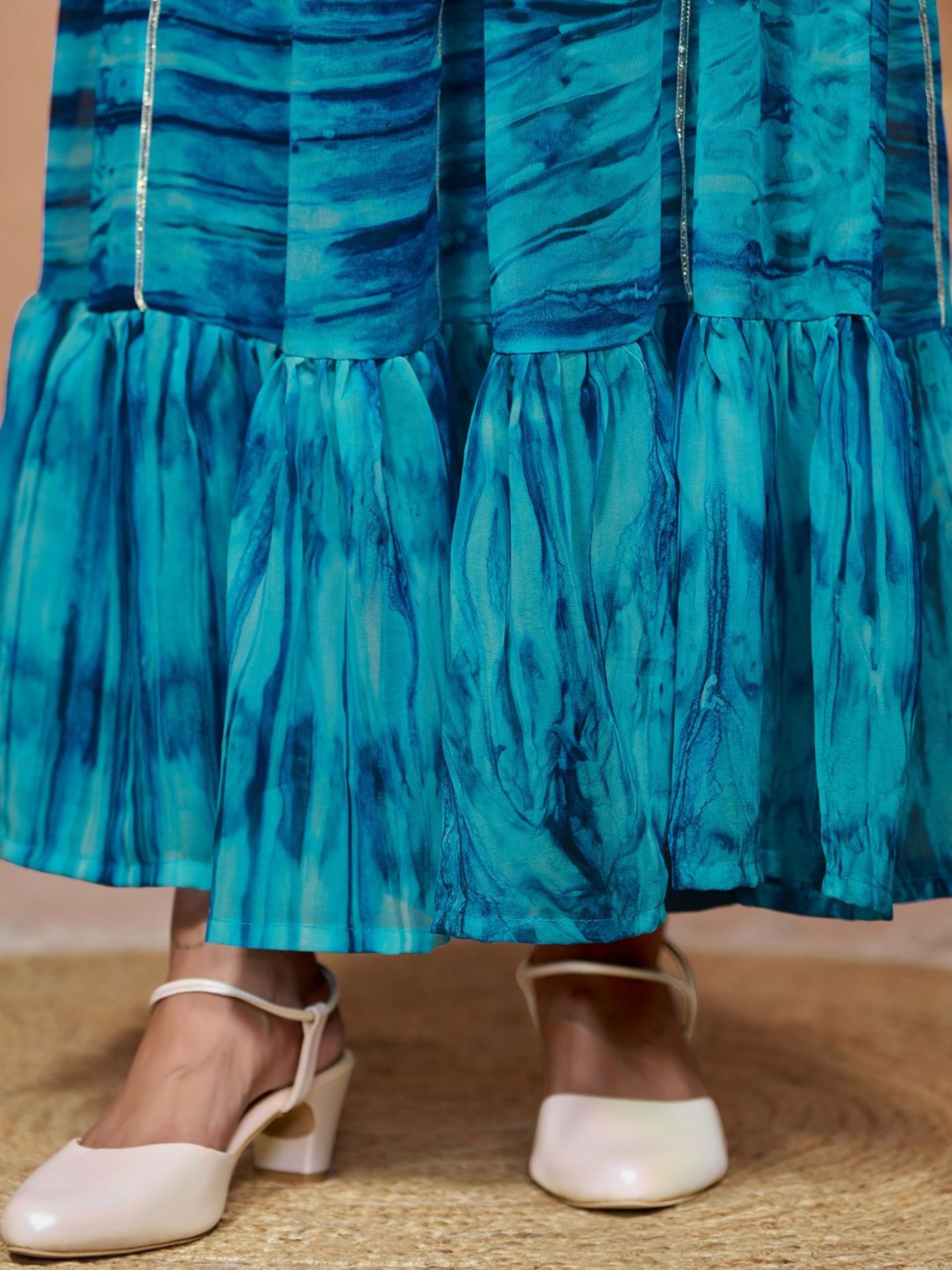 EthnicJunction Women Maxi Georgette Digital Print and Embroidered Flared Anarkali Dress Blue, Medium - Image 2