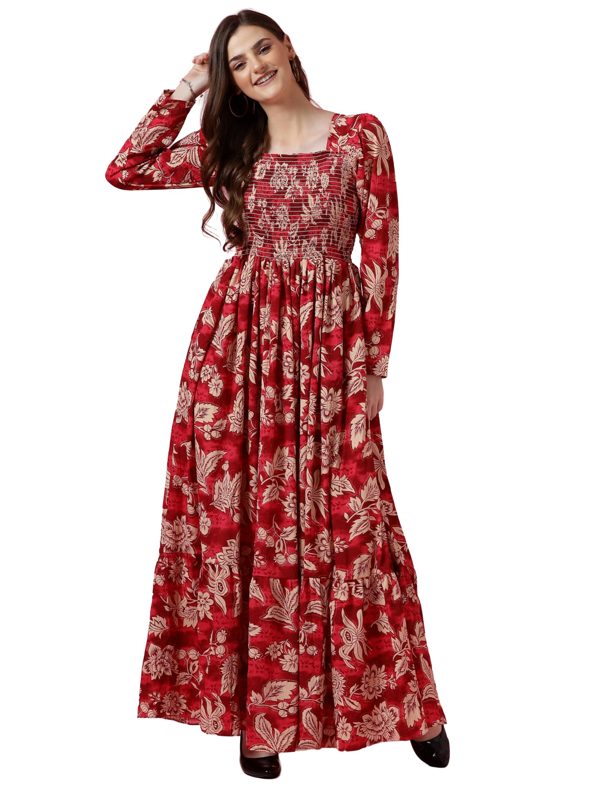 Sheetal Associates Women's Maxi Floral Print Crepe Regular Sleeves Casual Dress Red