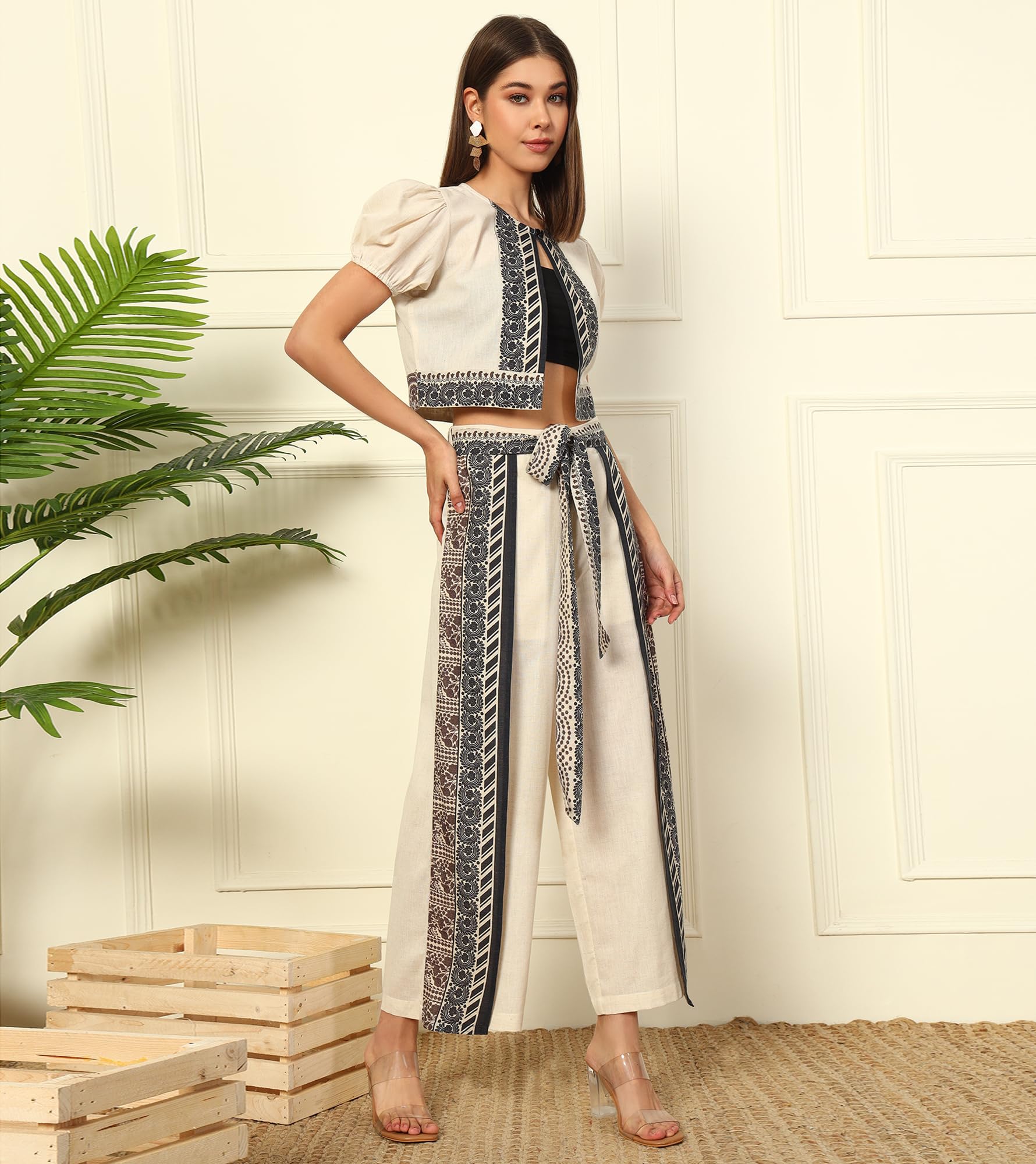 DEEBACO Solid with Printed Cotton Flex Shrug with Flap Pants Women's Co-Ord Set|Puff Sleeves Round Neck Long Length Relax Fit Summer Western Casual Wear Ladies Cord Set - Image 3