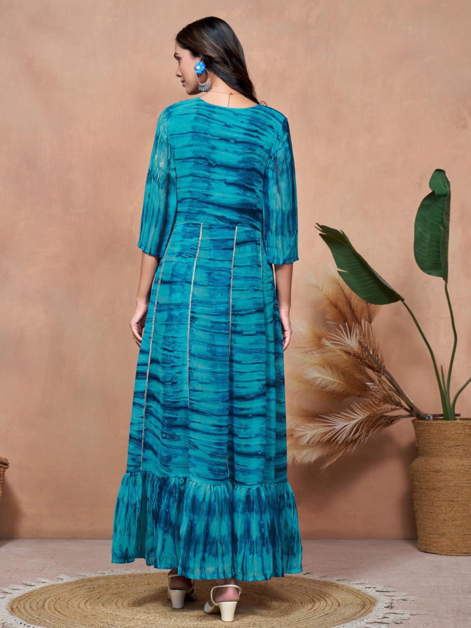 EthnicJunction Women Maxi Georgette Digital Print and Embroidered Flared Anarkali Dress Blue, Medium - Image 4